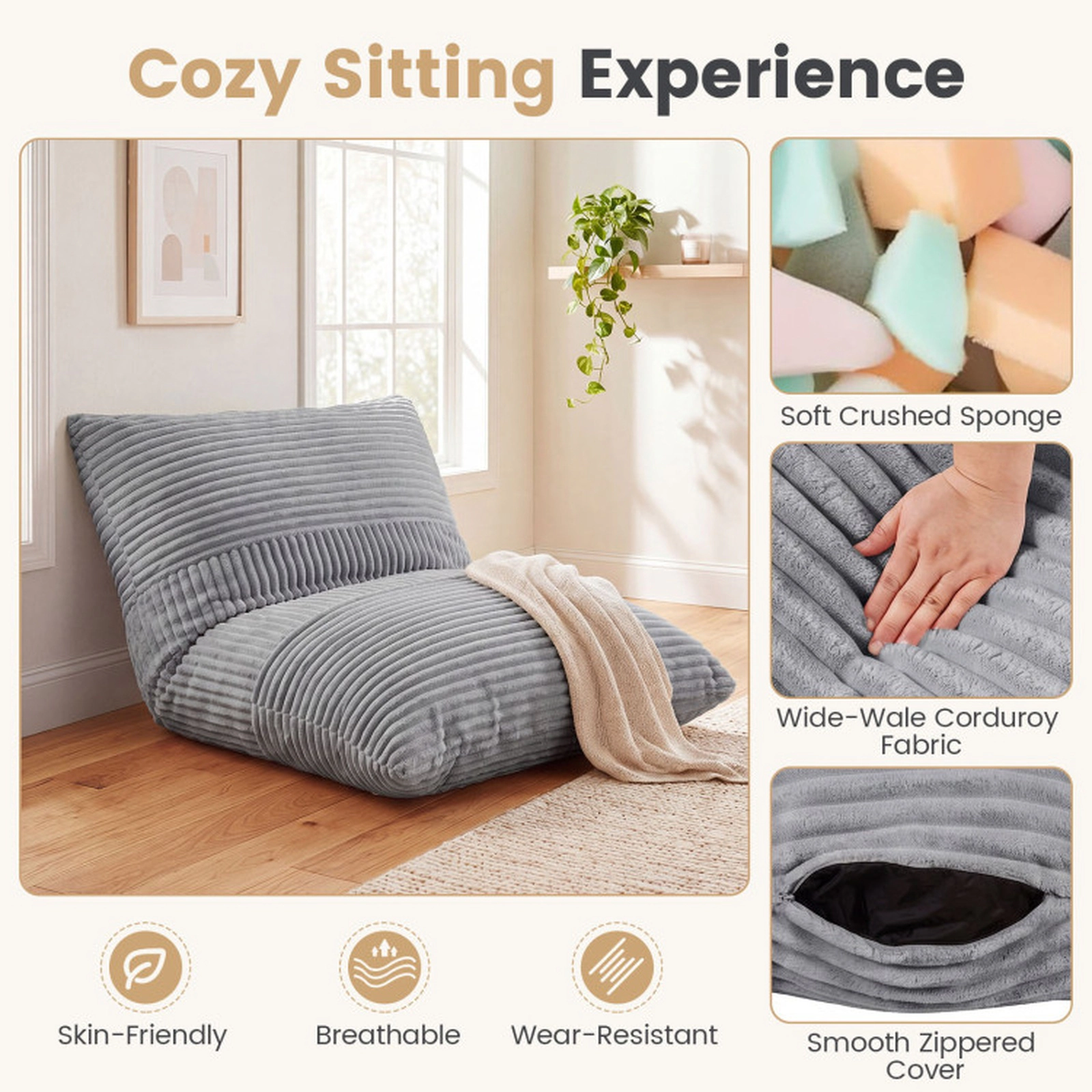 SUGIFT 3-in-1 Convertible Wide Wale Corduroy Large Bean Bag Chair 73-in x 53-in 36-lb Net Weight Light Gray