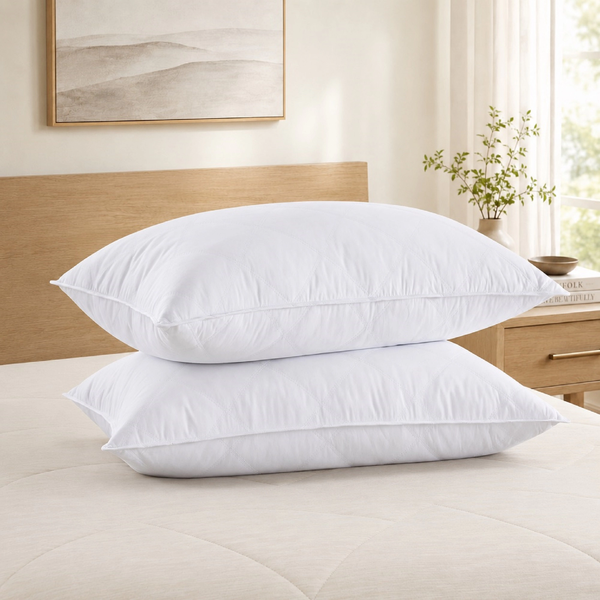 Unikome Quilted Goose Feather Pillow Medium Firm Bed Pillows with Soft Shell Set of 2
