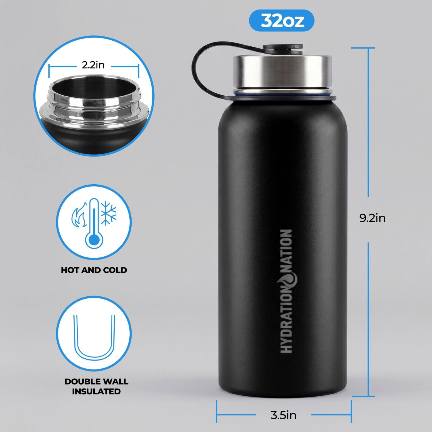 Zulay Kitchen 3 Lid Multi-Size Vacuum Insulated 32oz Water Bottles with Straw by Hydration Nation