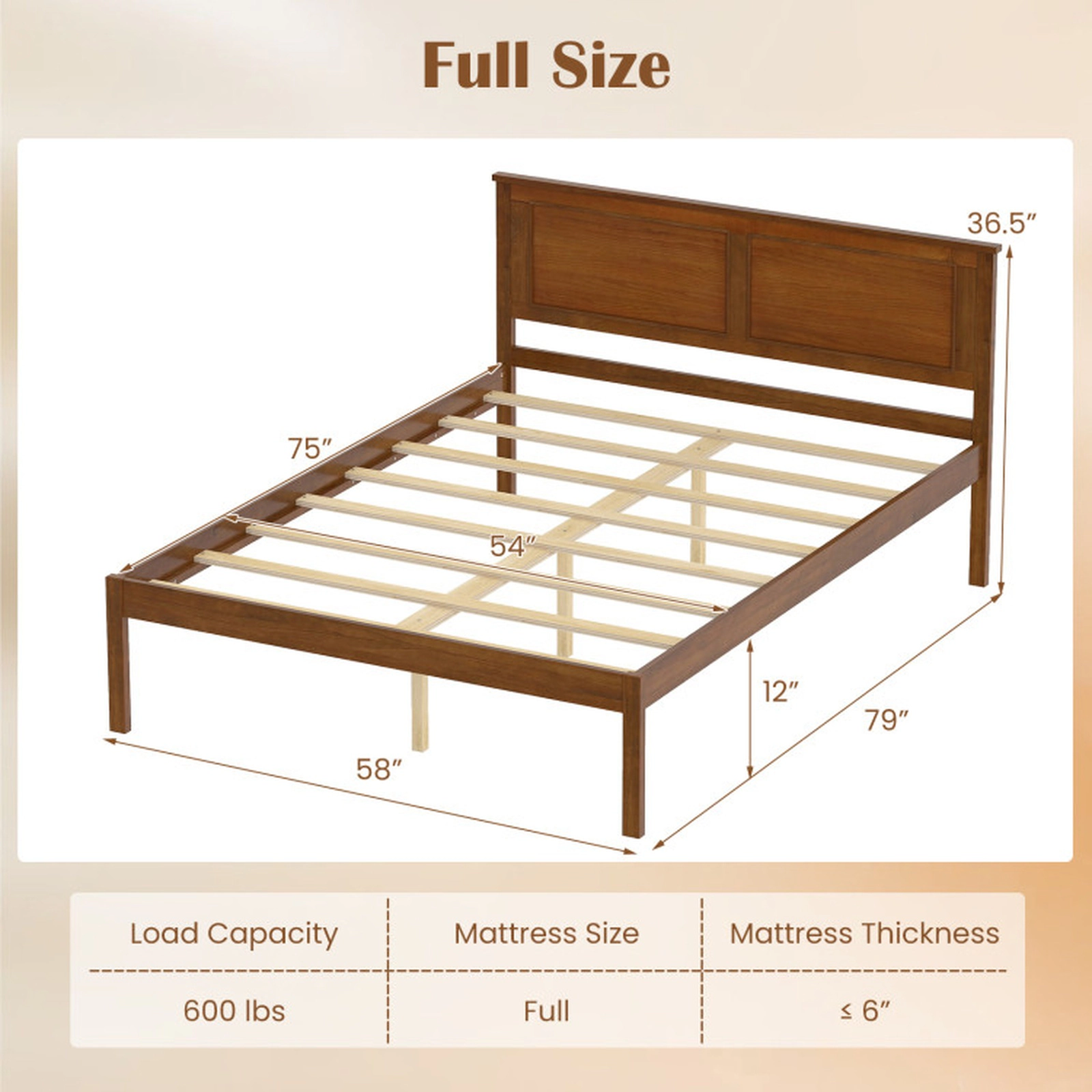 SUGIFT Farmhouse Wooden Platform Bed Frame with Headboard 600-lb Capacity Full/Queen/Twin Walnut/White