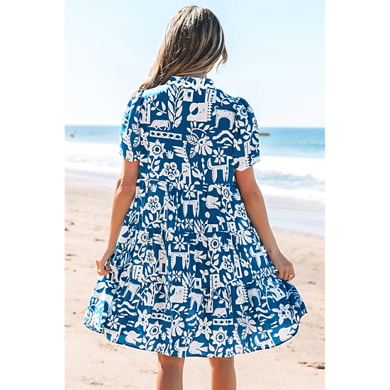 Threaded Pear Women's Halle Ricrac Trim Split Neck Floral Loose Dress
