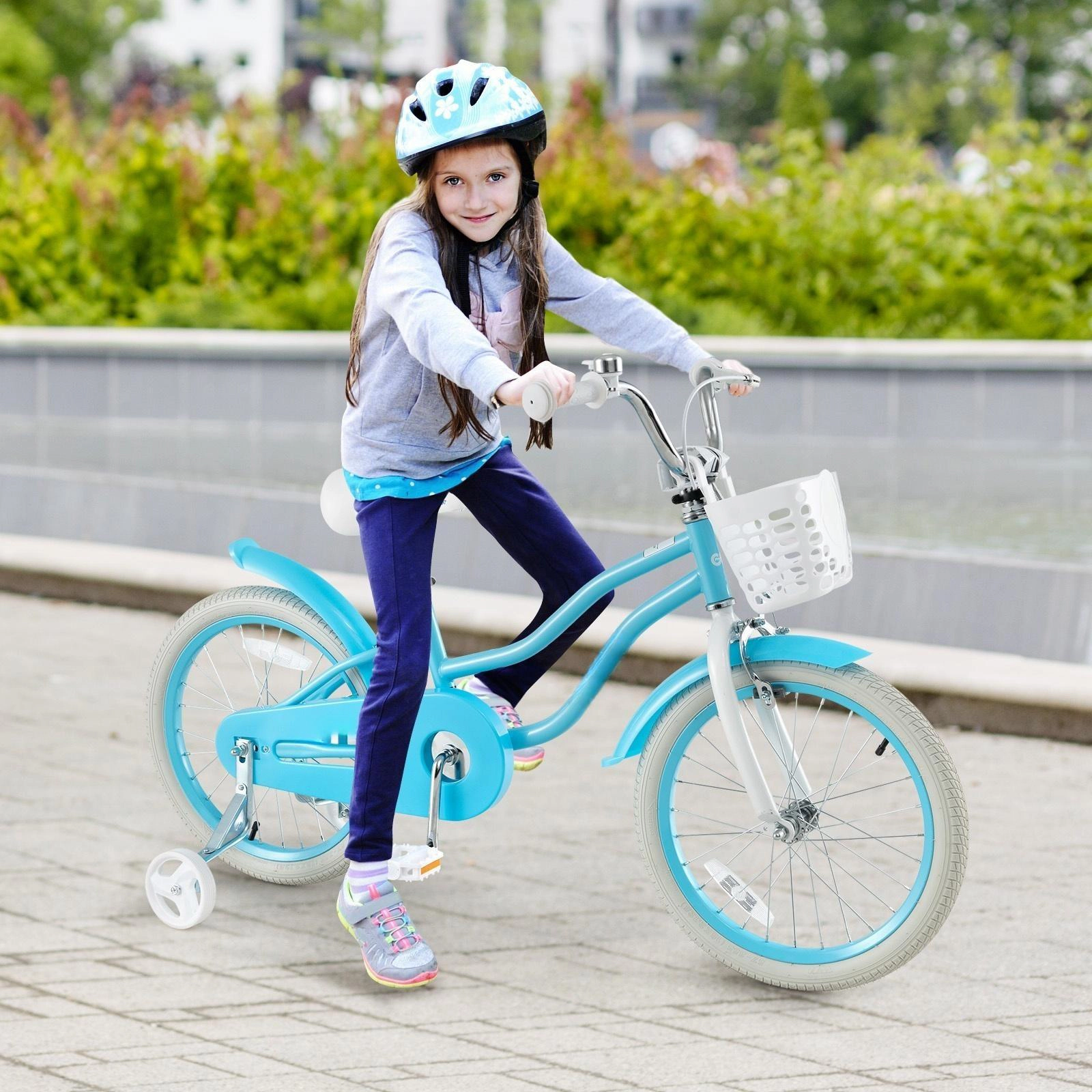 SUGIFT 18-Inch Kids Bicycle with Dual Brakes Adjustable Seat and Training Wheels 99-lb Seat Capacity Ages 4-8 Blue