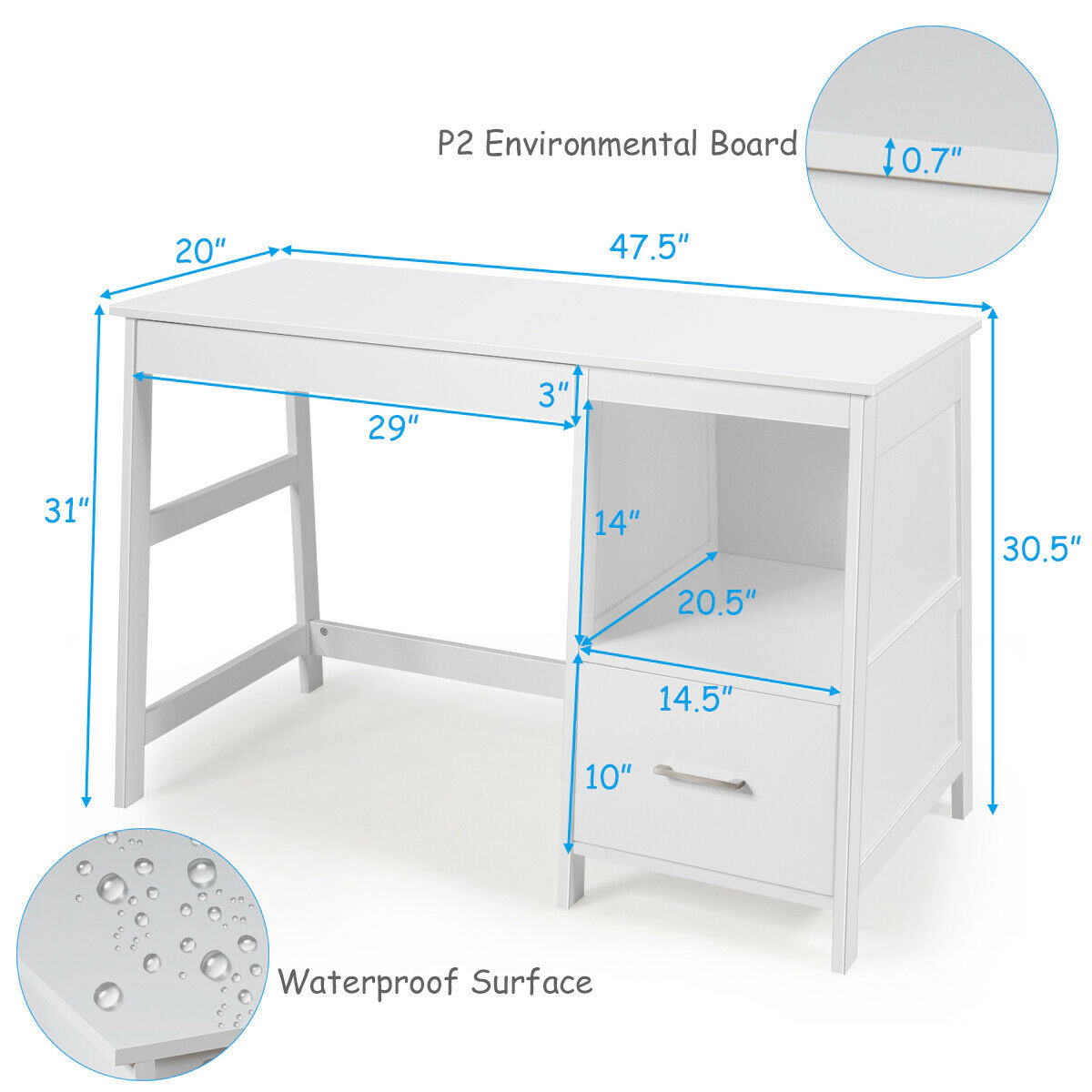 SUGIFT Open Shelf Glide Drawer Metal Frame Computer Desk 45-in x 20-in x 30.5-in 155-lb Capacity 29.5-in Legroom White