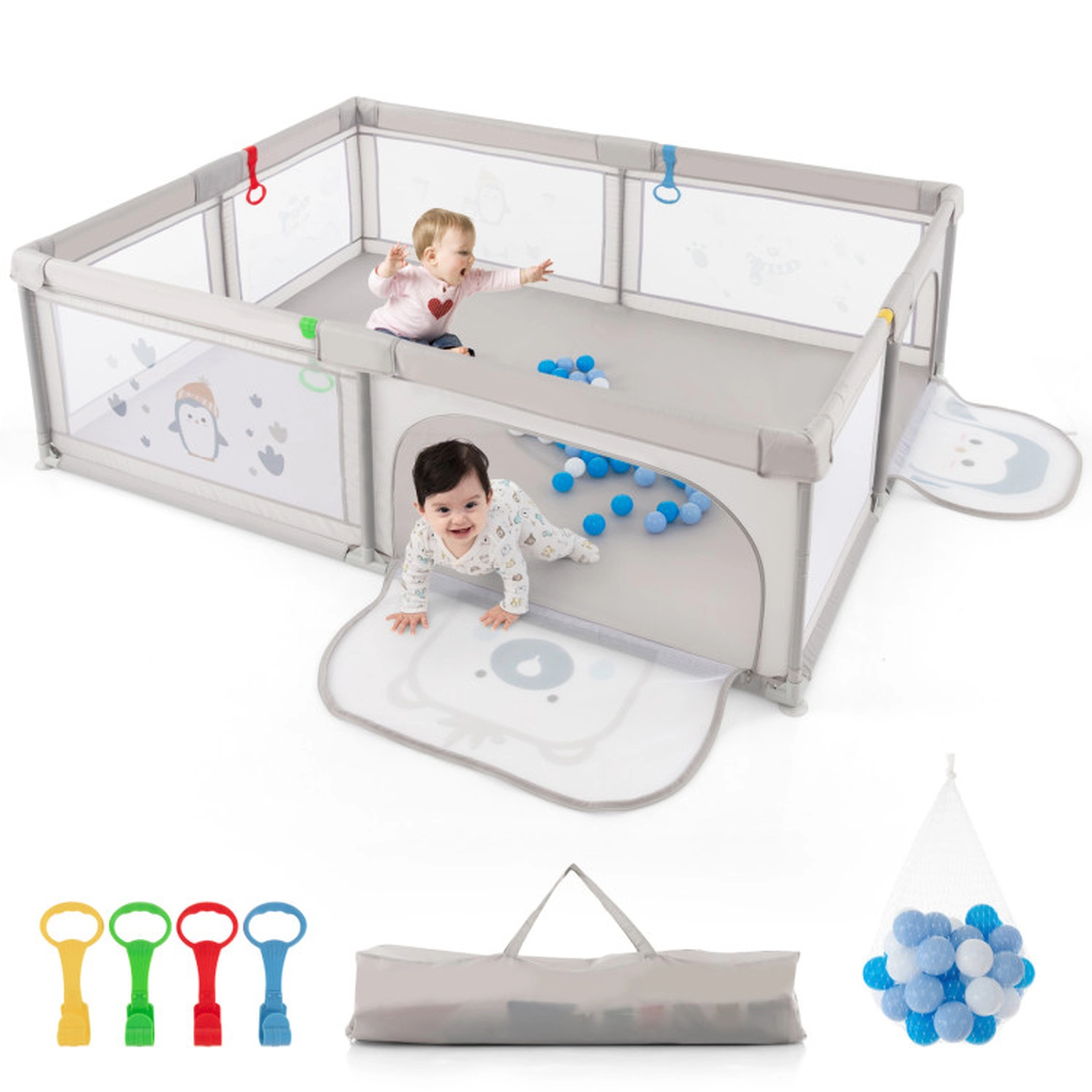 SUGIFT Baby Penguin Pattern Mesh 4 Pull Rings 50 Ocean Balls Large Playard 81-in x 57.5-in x 27-in Ages 0-3 Gray