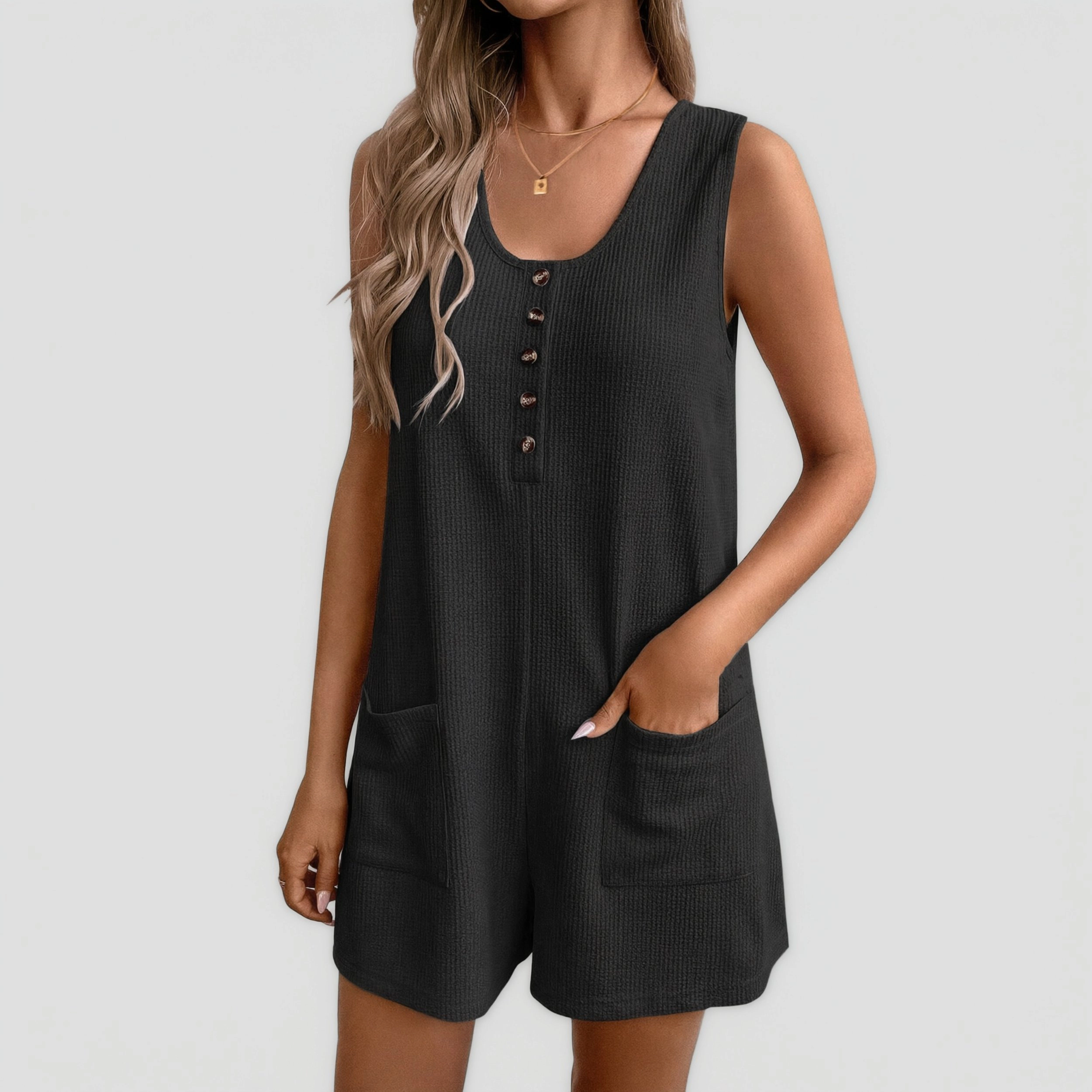 Ekouaer Women's Sleeveless Scoop Neck Waffle Knit Romper with Pockets