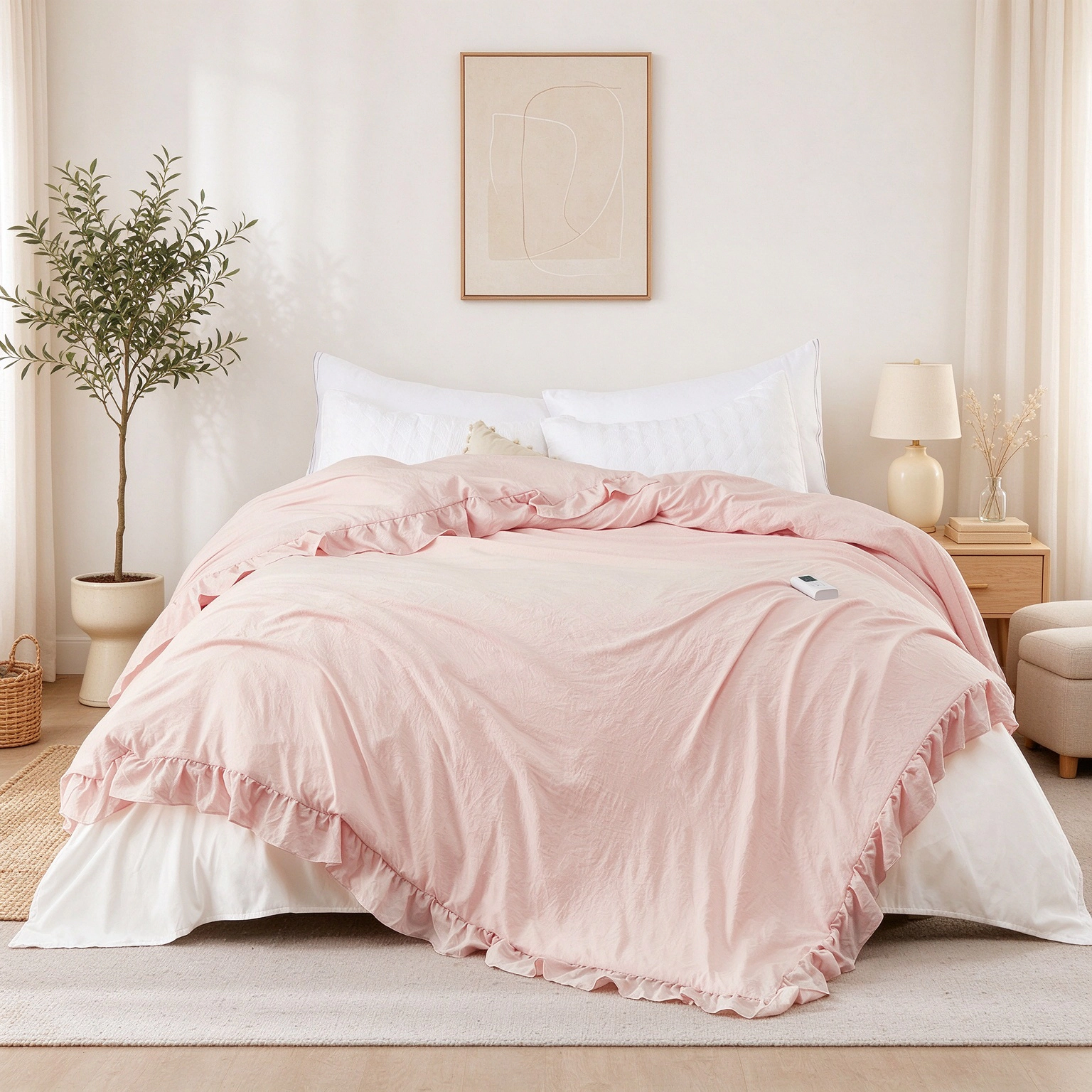 BebreezChic Heated Blanket Queen Size, Ruffle Electric Comforter with Wireless Remote, 10 Heat Settings, White, 90x90