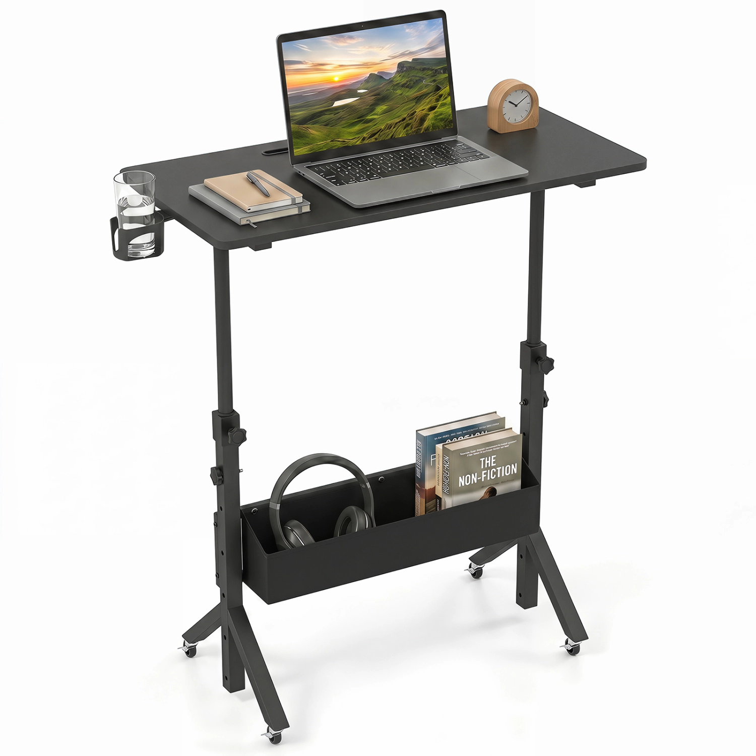 LJG Mobile Standing Desk Height Adjustable Rolling Laptop with Cup Holder Storage Basket