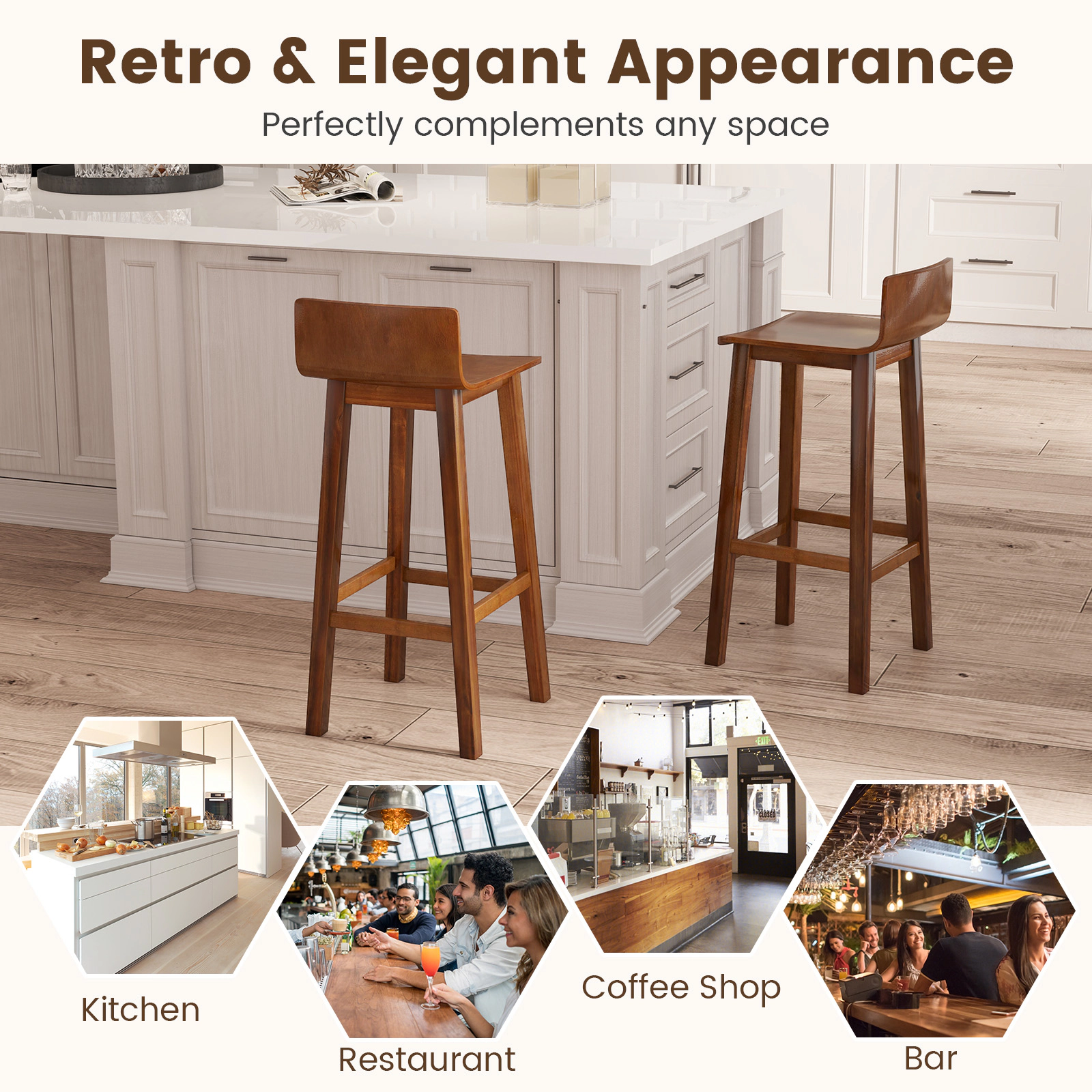 SUGIFT 29-in Solid Wood Bar Stools Set of 2 with Backrest 330-lb Capacity 29-in Seat Height Walnut