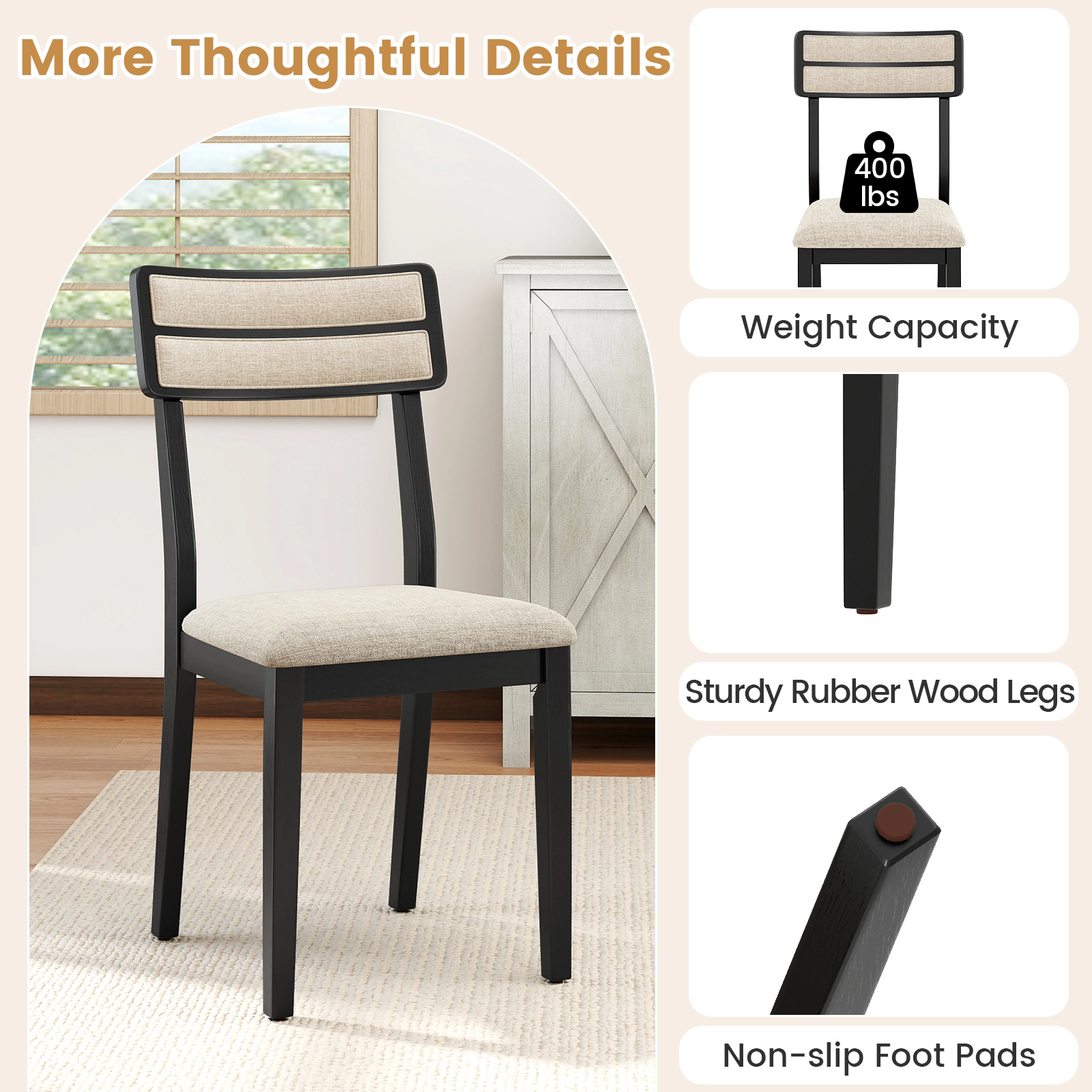 SUGIFT Black Modern Tilt Backrest Padded Seat and Rubber Wood Legs Set of 4 Dining Chairs