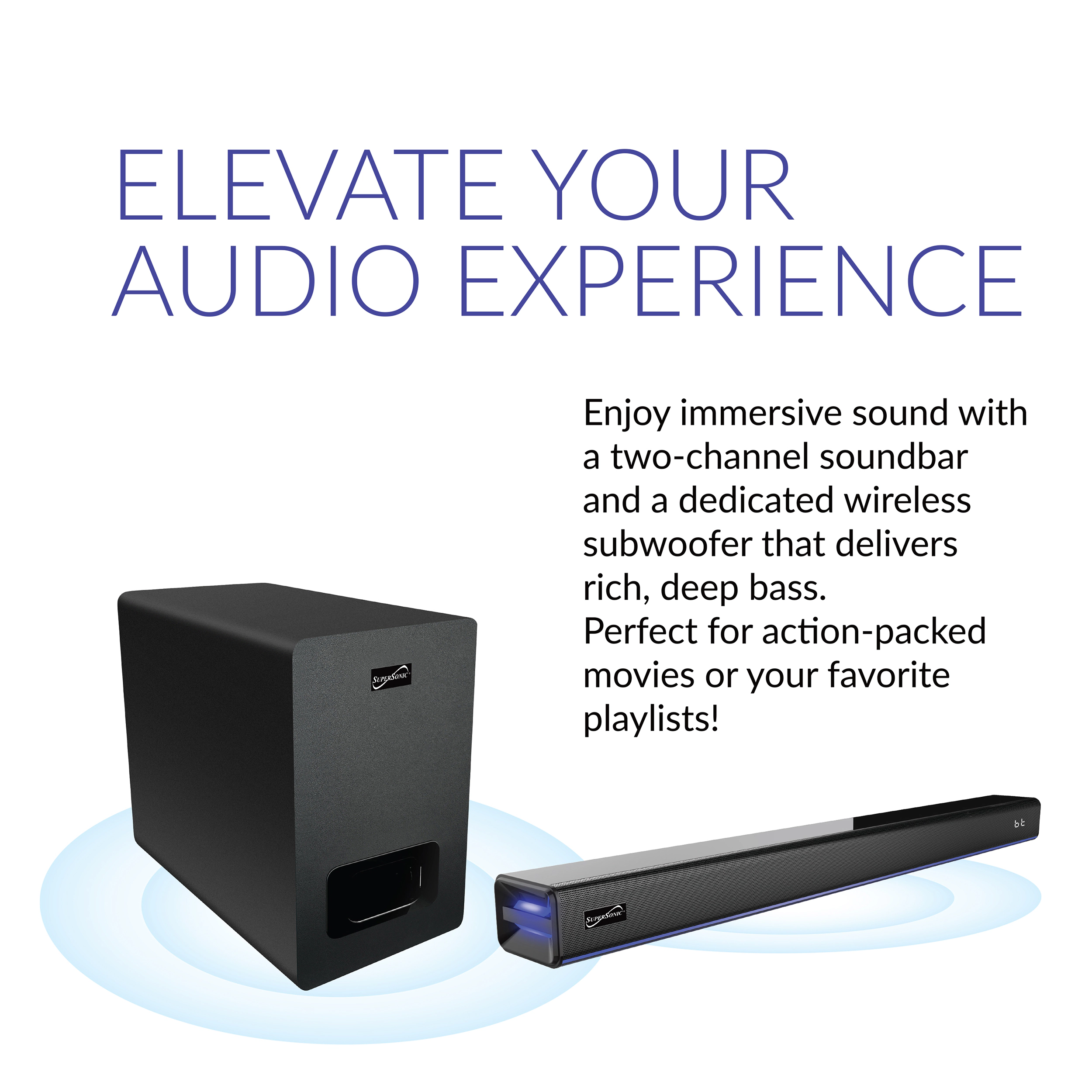 SuperSonic 2.1 Channel Bluetooth Soundbar with Ambient Lighting and Wireless Subwoofer