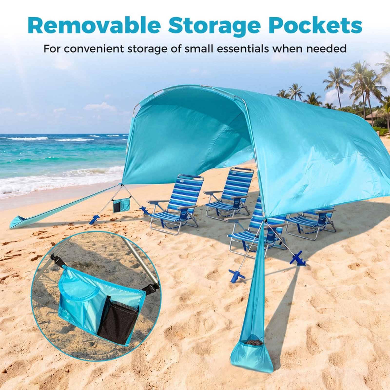 SUGIFT Blue 10-ft x 6.5-ft Wind Powered Beach Tent Sun Shelter Canopy with Sand Anchors and Carry Bag
