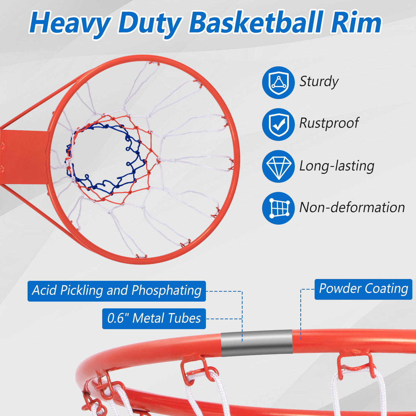 SUGIFT 18-in Powder-Coated Basketball Rim Replacement with All-Weather Net and Mounting Hardware