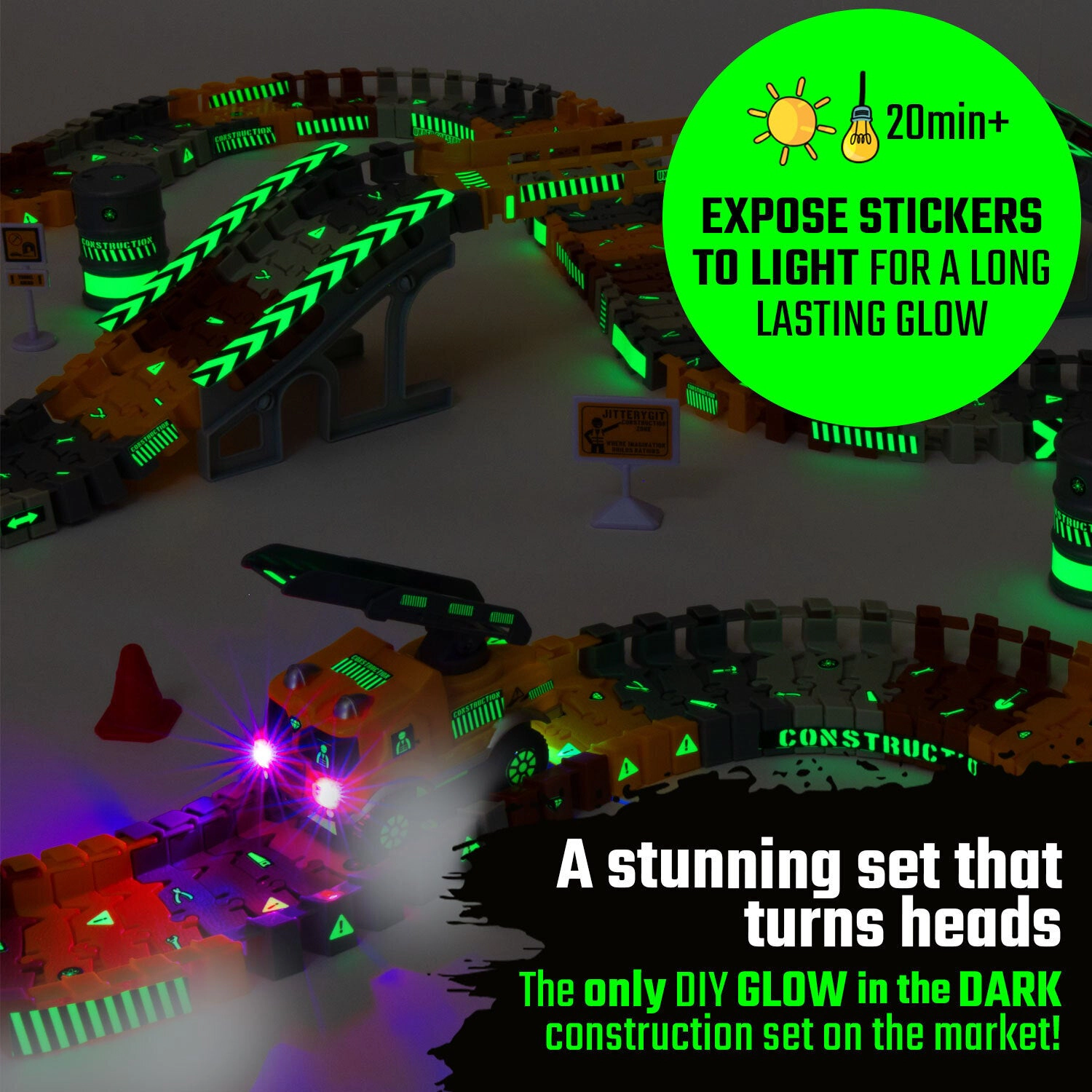 JitteryGit Kids Construktor Glow-in-the-Dark Track Set - 194-Piece STEM Building Toy