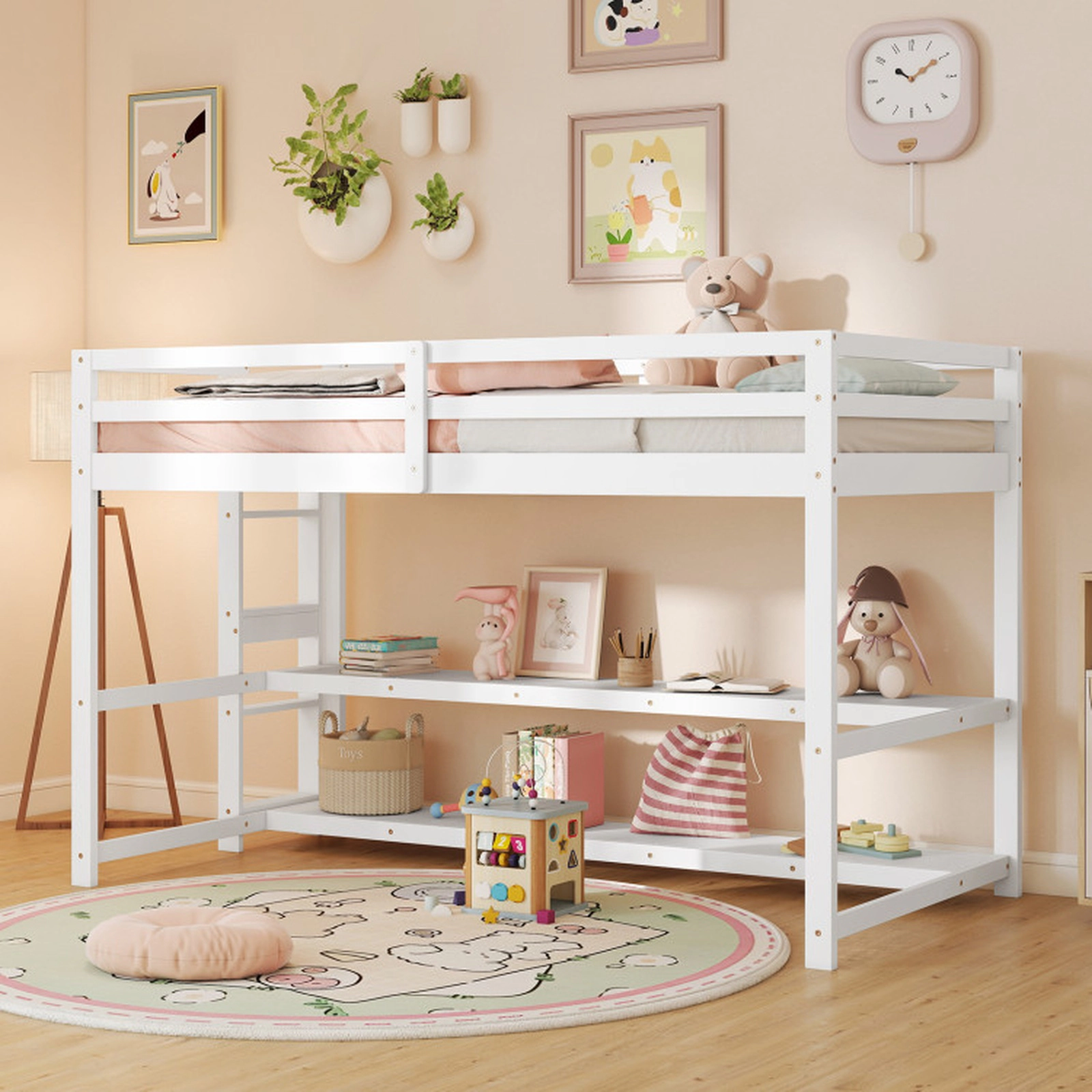 SUGIFT White 2 Storage Shelves Full-Length Guardrails and Ladder Twin Kids Loft Bed