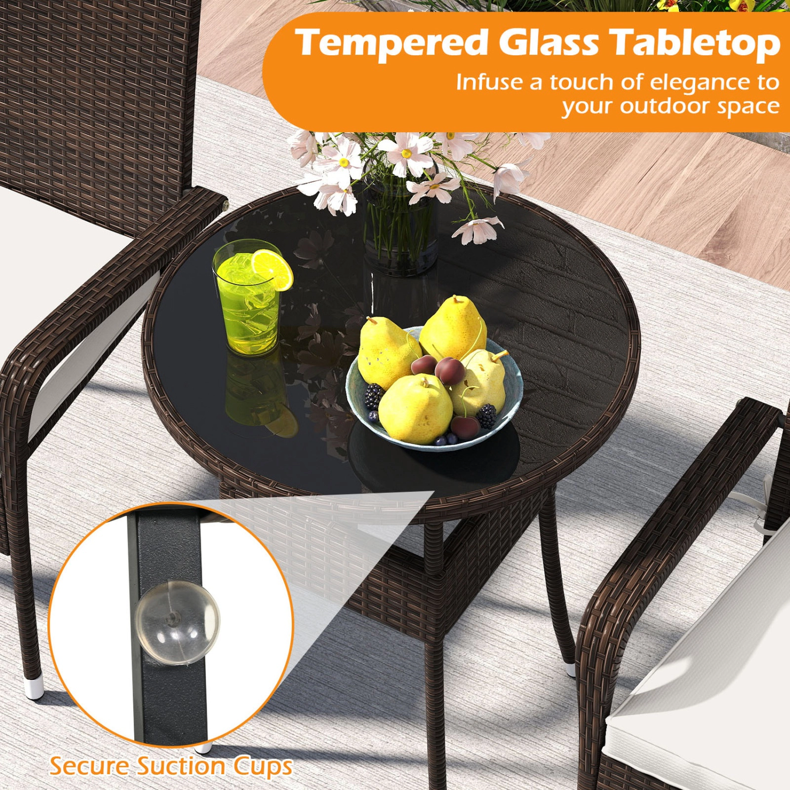 SUGIFT 3-Piece PE Rattan Patio Conversation Set with Tempered Glass Top Table 400-lb Chair Capacity Mix Brown/Beige