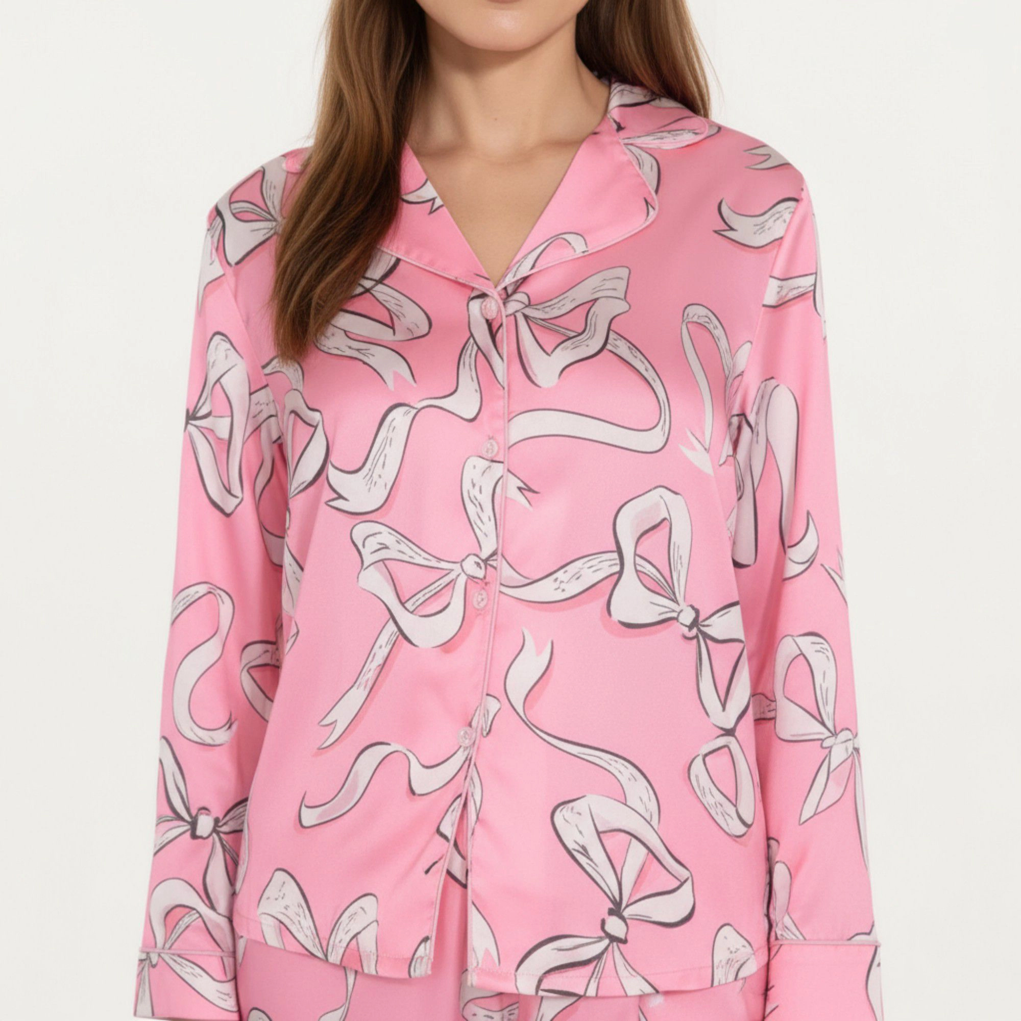 Anna-Kaci Women's 2-Piece Long Sleeve Button Front Pajama Set Ribbon Print and Soft Silky Fabric for Relaxed Comfort
