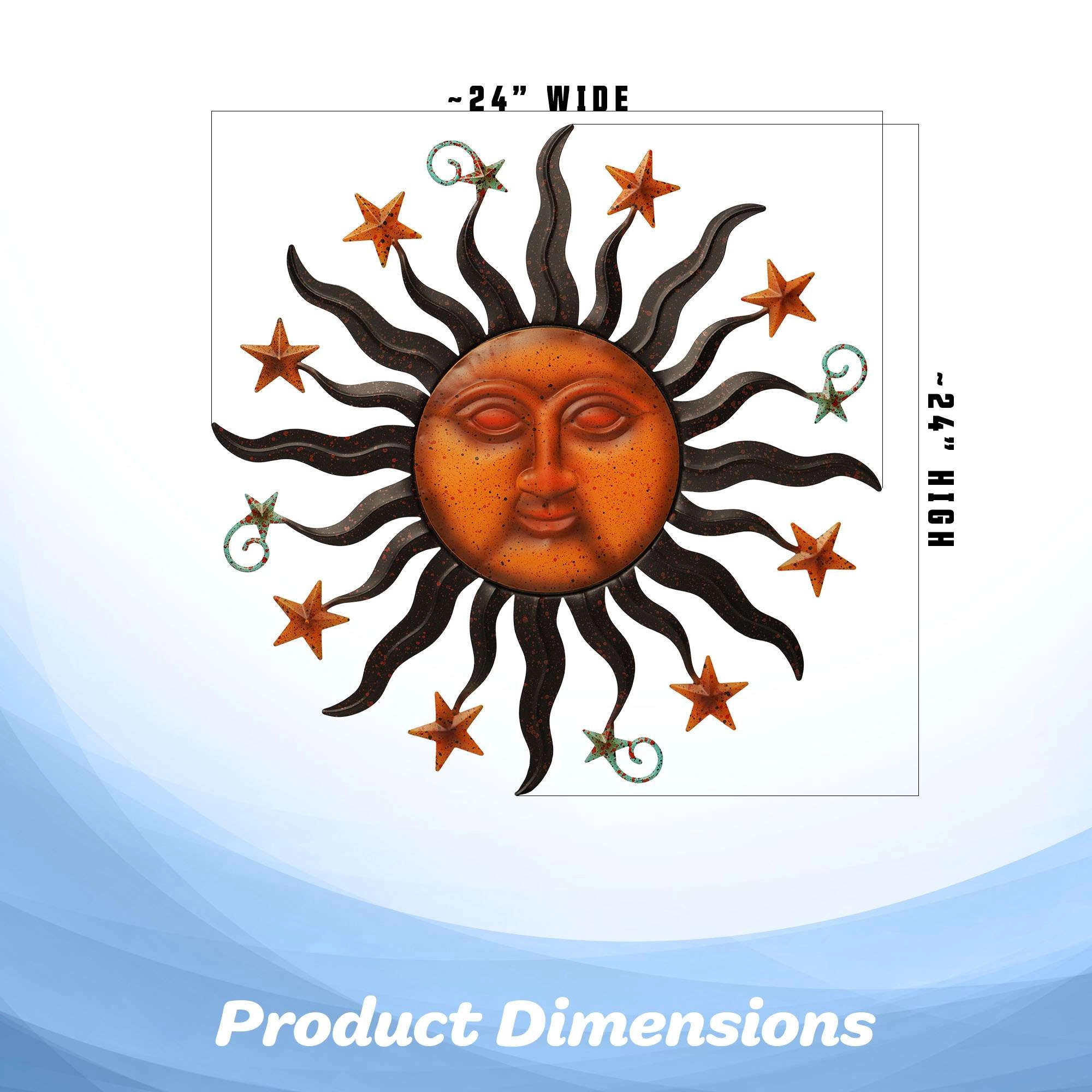 G128 24 in Hand-Painted Metal Sun Face Wall Art - Indoor Outdoor Garden Patio Decor