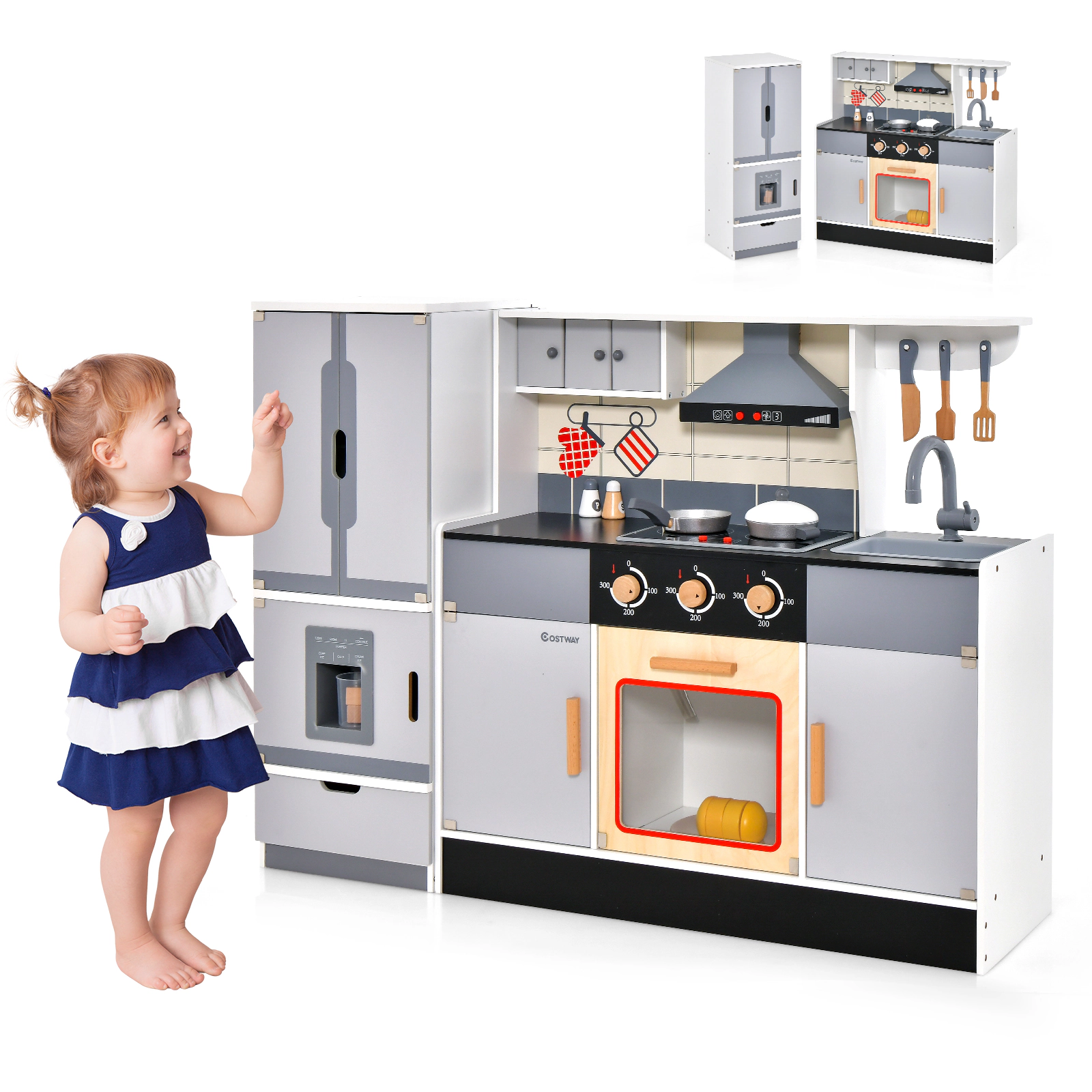 SUGIFT Wooden Chef Play Kitchen and Refrigerator with Range Hood and Roaster Ages 3+ As Pictures Show