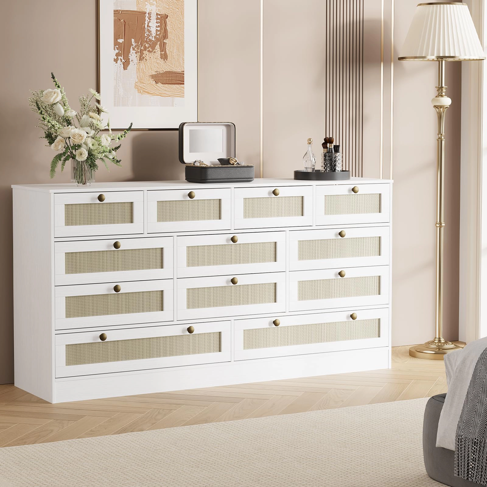 12 Drawer Wooden Dresser, 61" Wide Chest of Drawers, Modern TV Stand for 65" TV & Storage Organizer