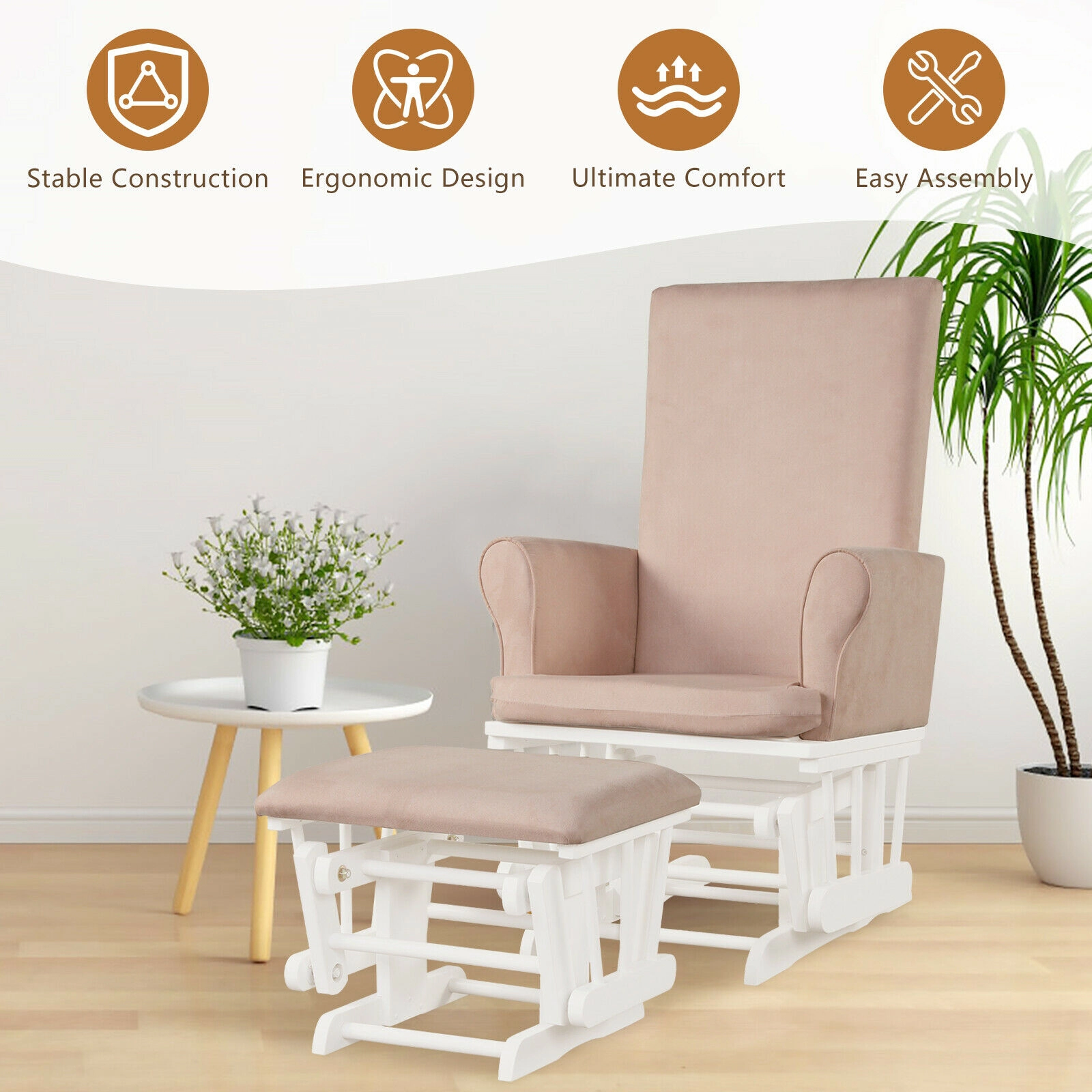 SUGIFT Nursery Rocking Glider Chair and Ottoman Cushion Set 300-lb Glider 225-lb Ottoman Capacity Pink Brown Coffee