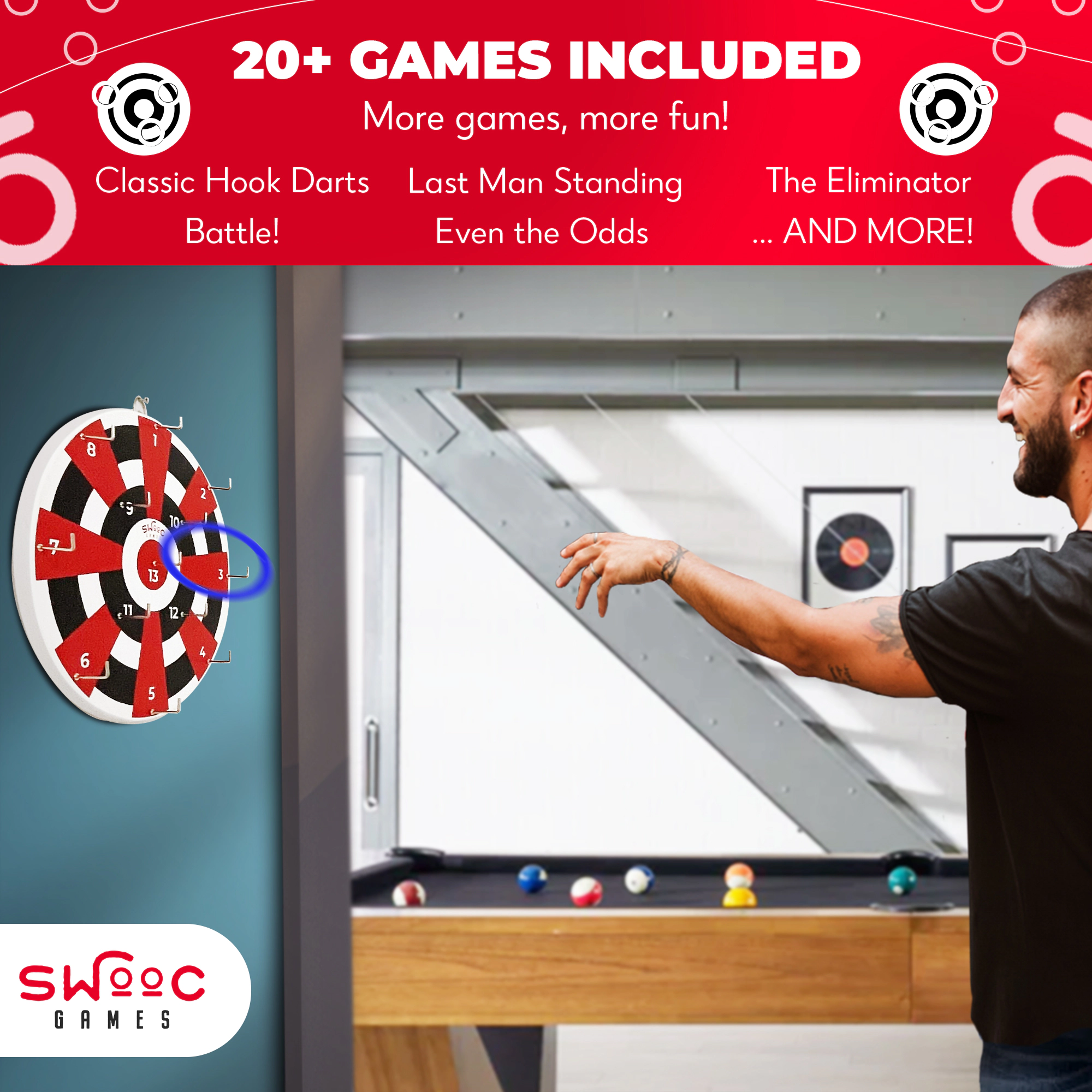 Swooc Games | Hook Darts Ring Toss Game | Wood Board and Soft Rings