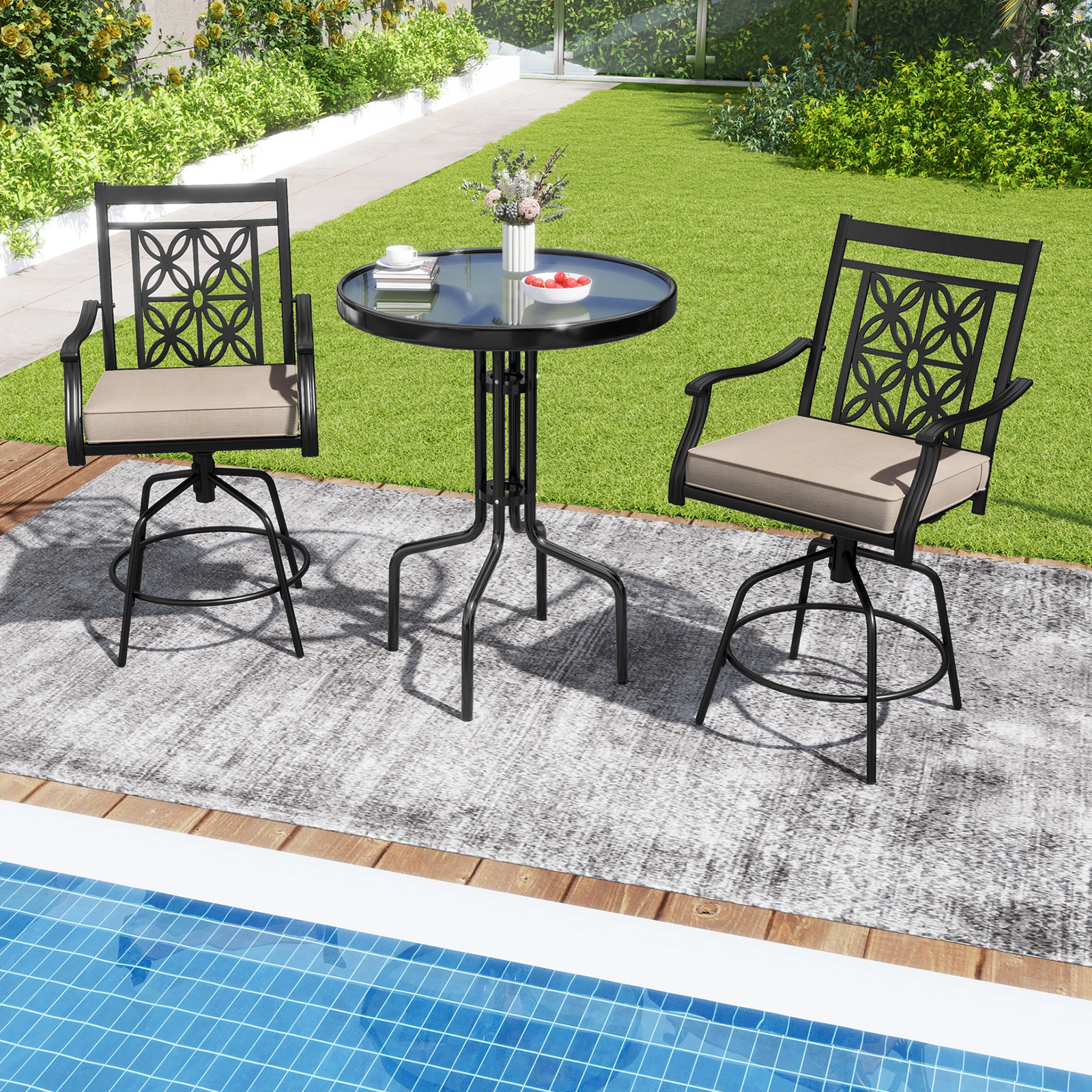 LJG Outdoor Swivel Bar Stools Set of 2 with Seat Cushions