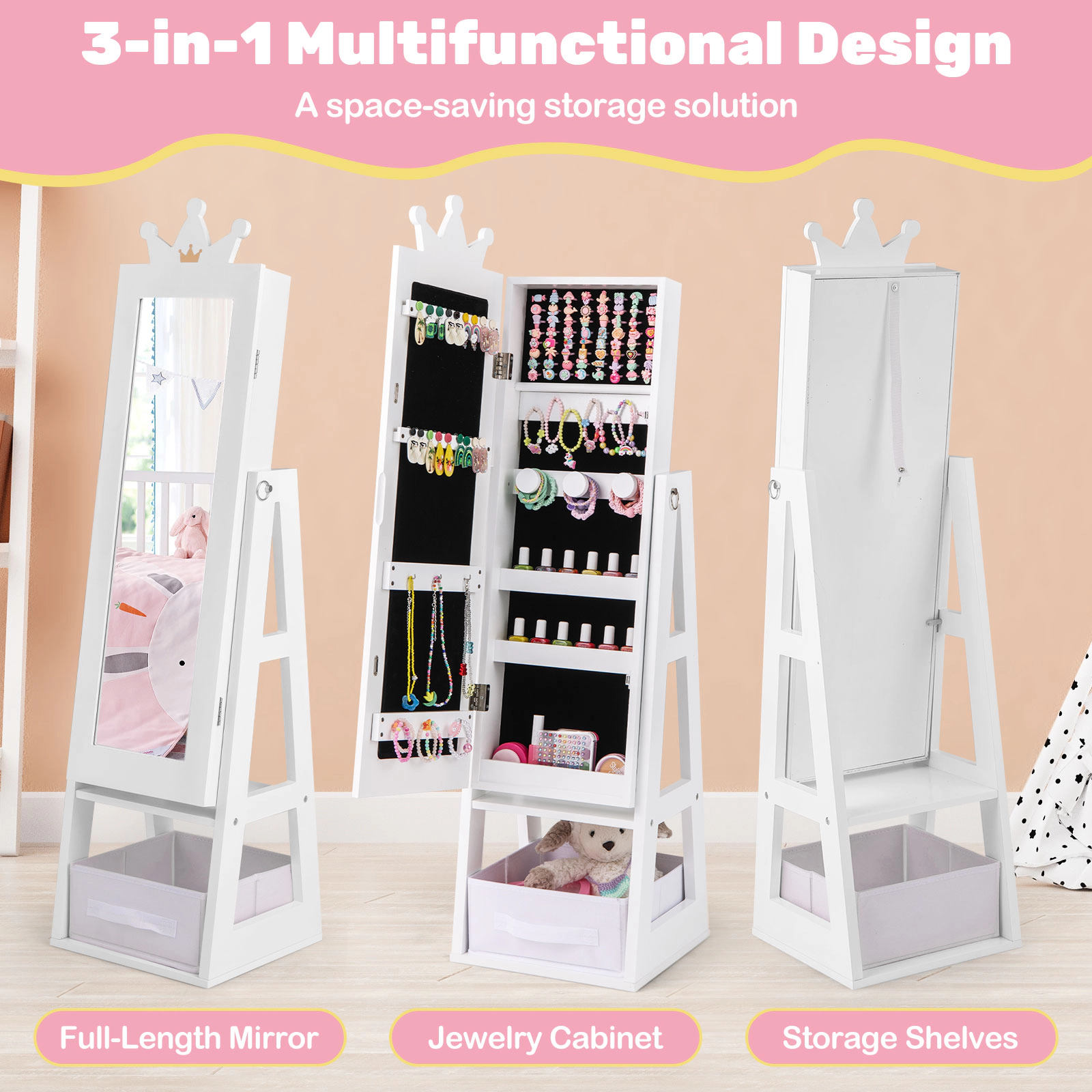 SUGIFT 45.5-in Pink Kids Standing Jewelry Cabinet with Dressing Mirror Tiered Trays and Hook Rows