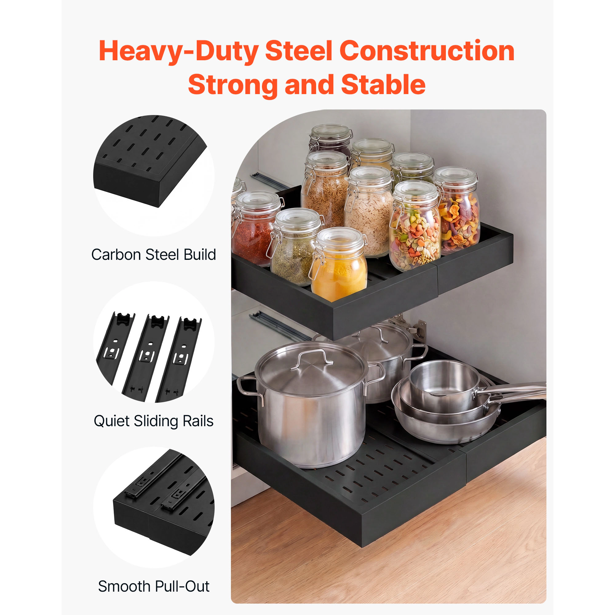 HONGGE Pull Out Cabinet Organizer Expandable Width 12.2" - 18.9" 20.47" Deep Drawers for Cabinets Sliding