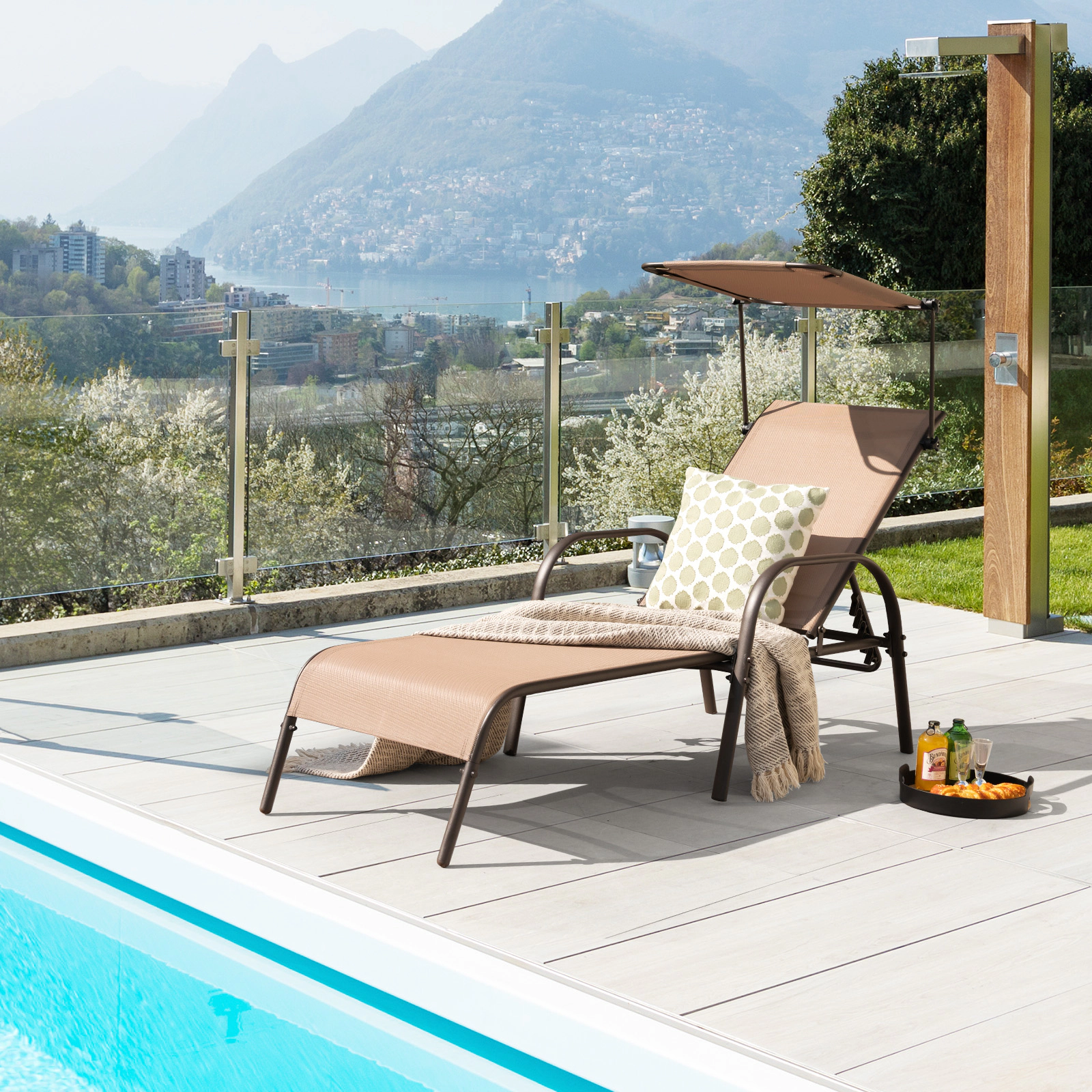 SUGIFT Brown Patio Chaise Lounge with Sunproof Canopy, Rotary Cup Holder, 5-Level Reclining Backrest
