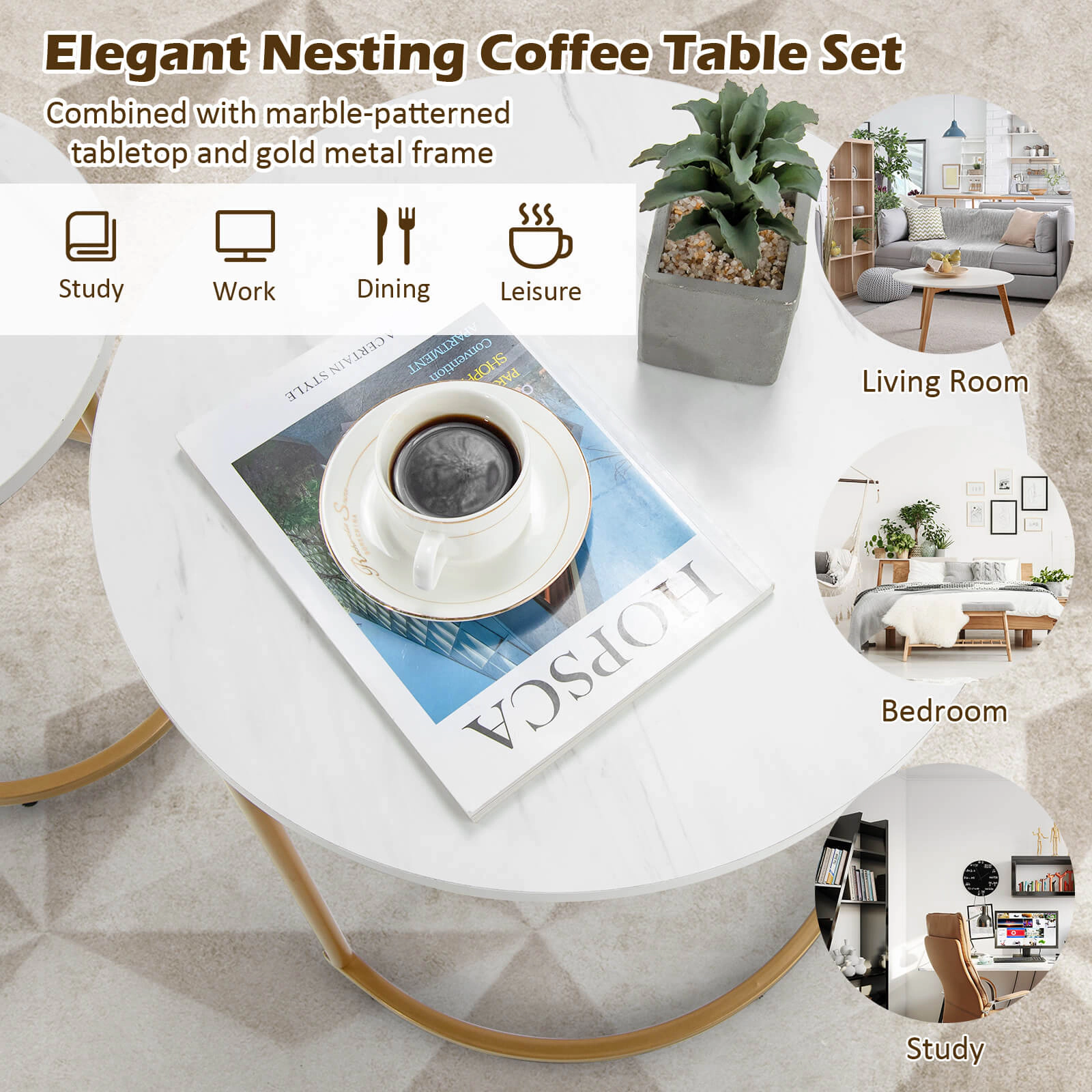 Glintex 2-Piece Nesting Side Table Set with Round and Rectangular Tops, White & Gold