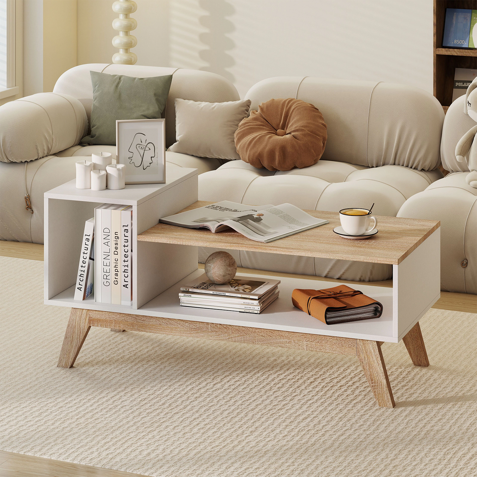 Glintex 43-Inch Coffee Table with Stepped Top and 2 Storage Compartments, White & Natural