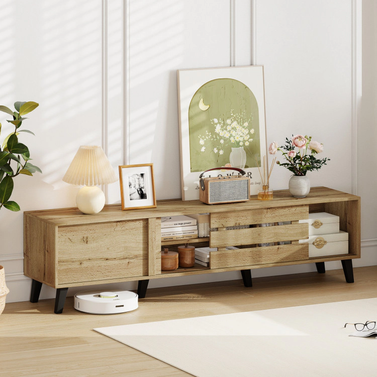 Hivvago Mid Century Modern Tv Stand For 80 Inch Tvs With Sliding Door Cabinets And Storage Shelves