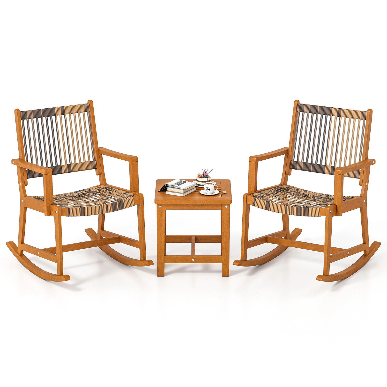 SUGIFT 3-Piece Acacia Wood Outdoor Rocking Chair Set, PE Rattan Seats and 18-Inch Side Table