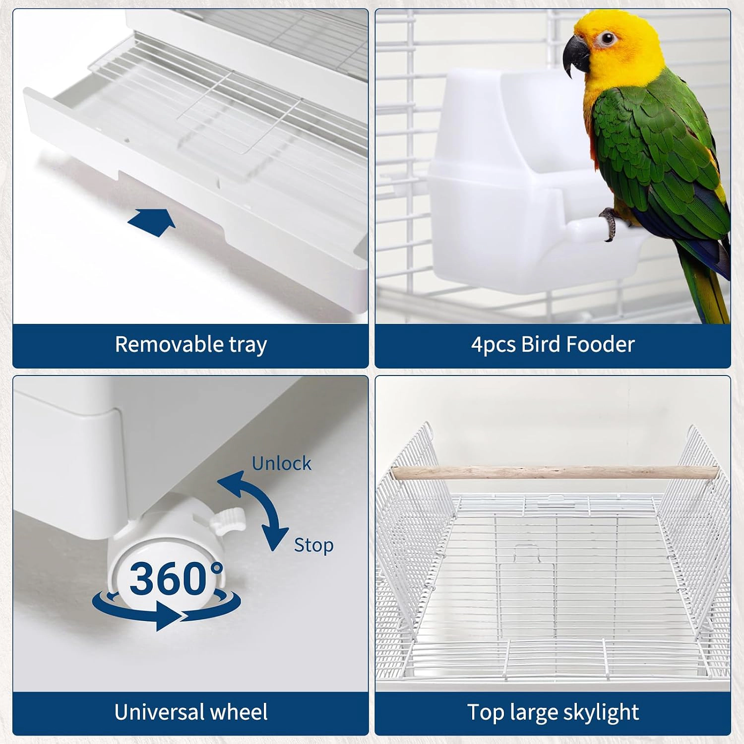 Double-Layer Transparent Bird Cage, Metal-Plastic Rolling Aviary for Small-Medium Pet Birds, White