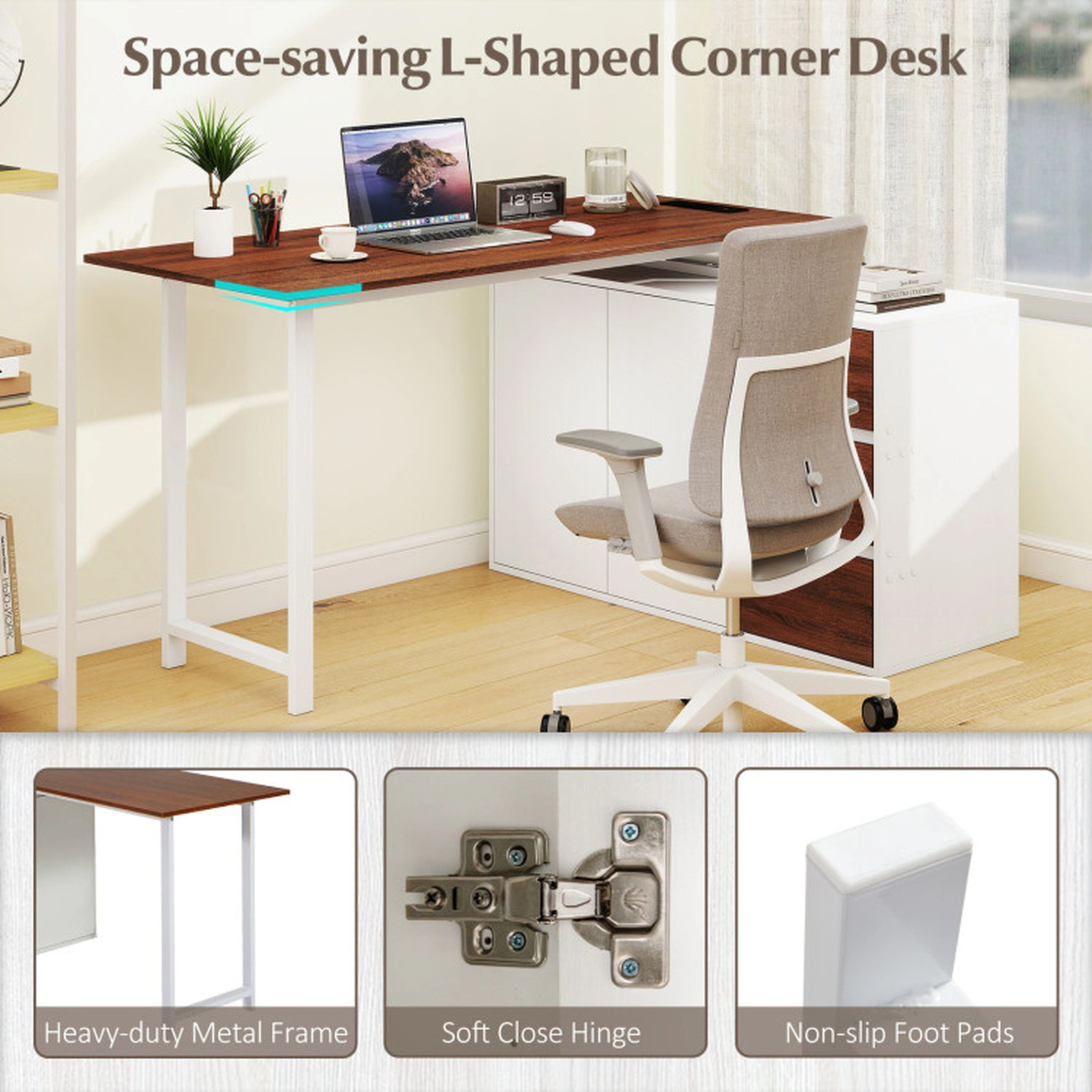 SUGIFT Reversible L-Shaped Computer Desk with File Cabinet and Power Outlet 220-lb Tabletop Capacity Brown & White