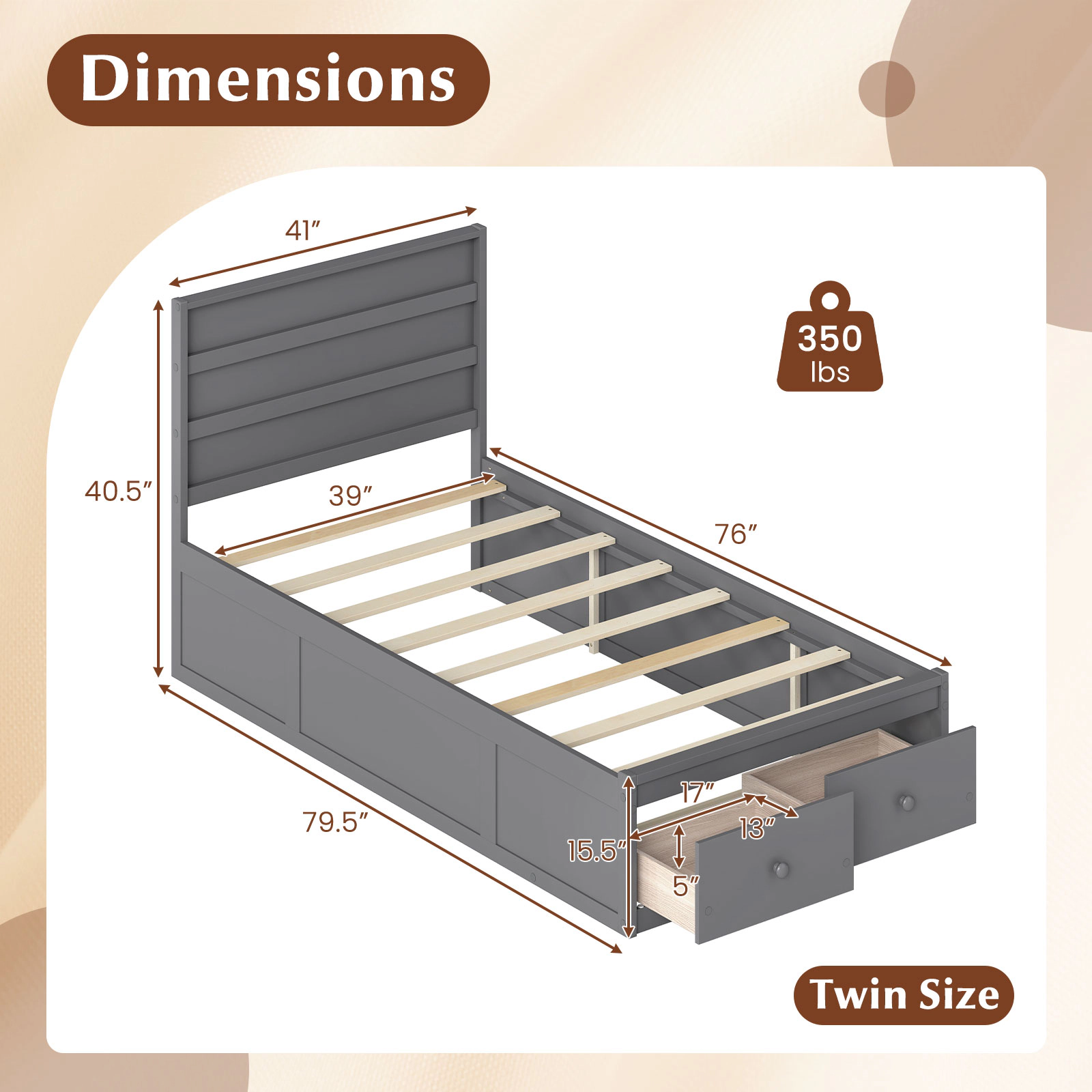 SUGIFT Twin 350-lb Bed Capacity Wood Platform Frame with Headboard and 2 Storage Drawers 40.5-in H Gray