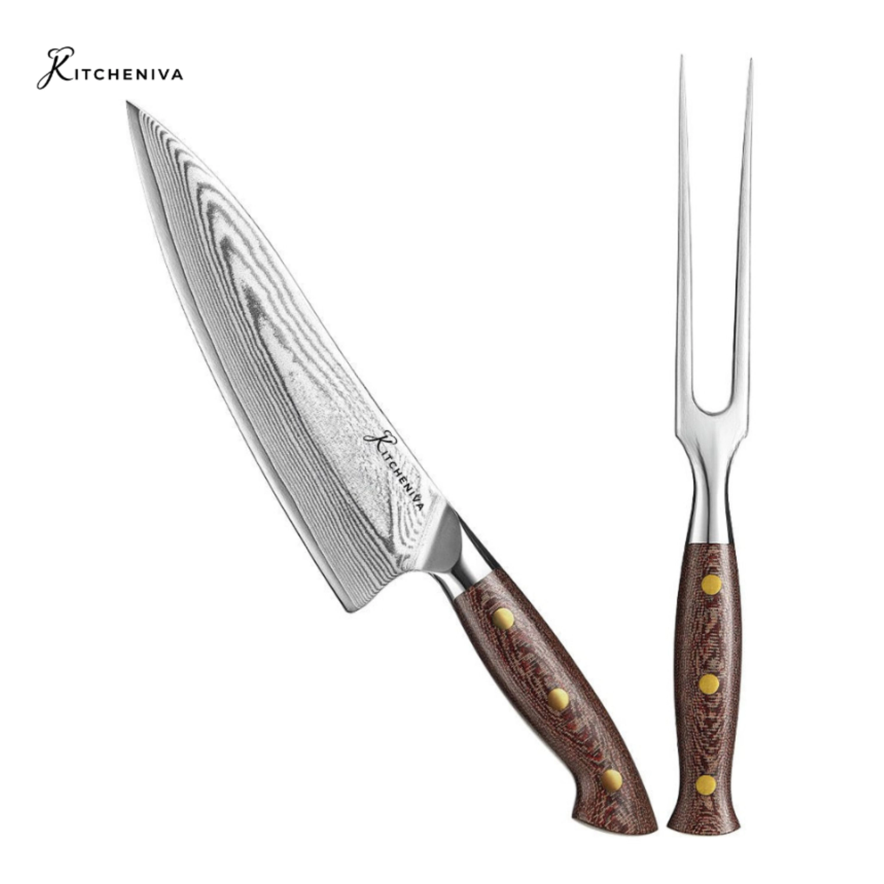 Kitcheniva 8-Inch 67 Layer Damascus Steel Chefs Knife And 5" Carving Fork With Micarta Handle