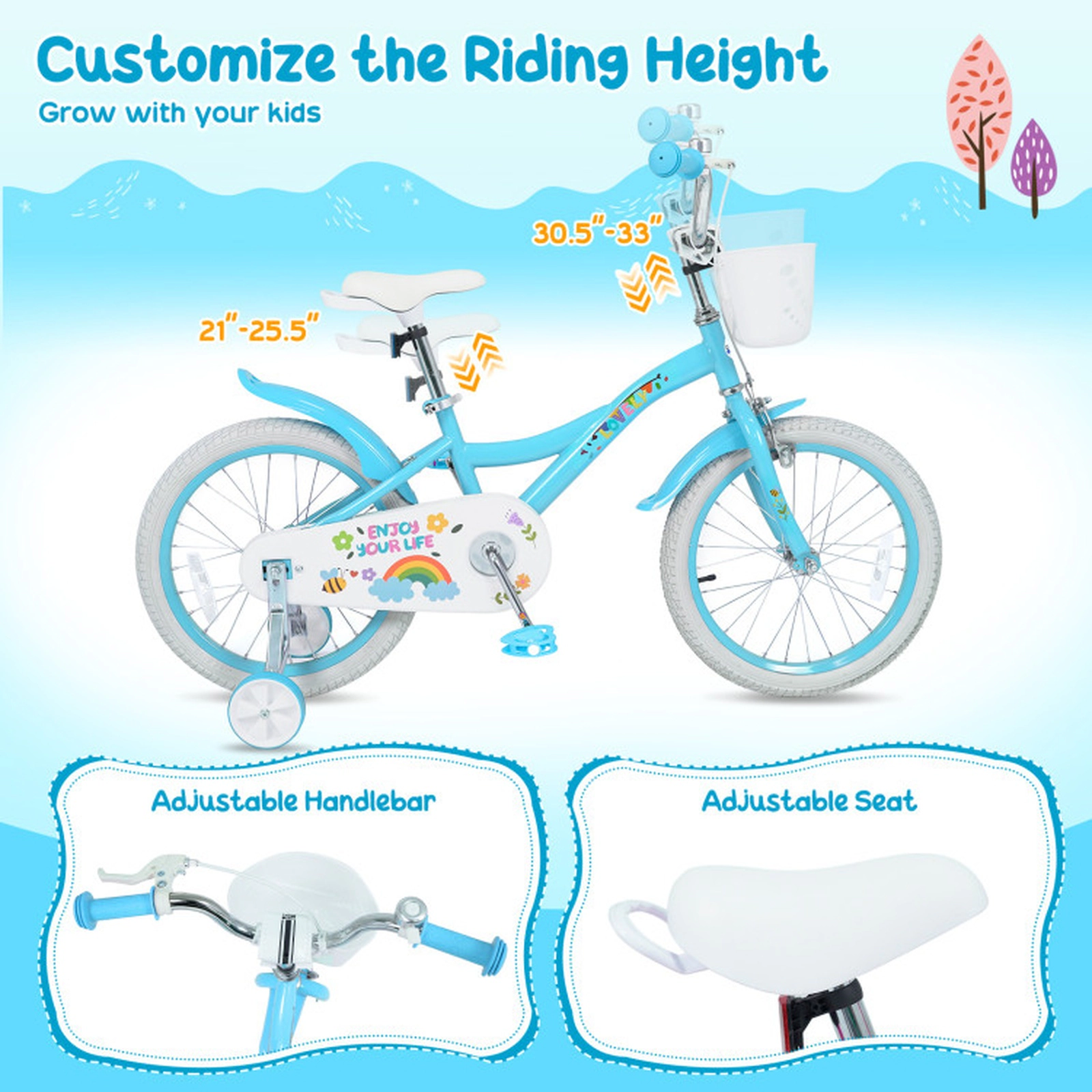 SUGIFT Blue Training Wheels Front Basket and Adjustable Seat Girls Bike