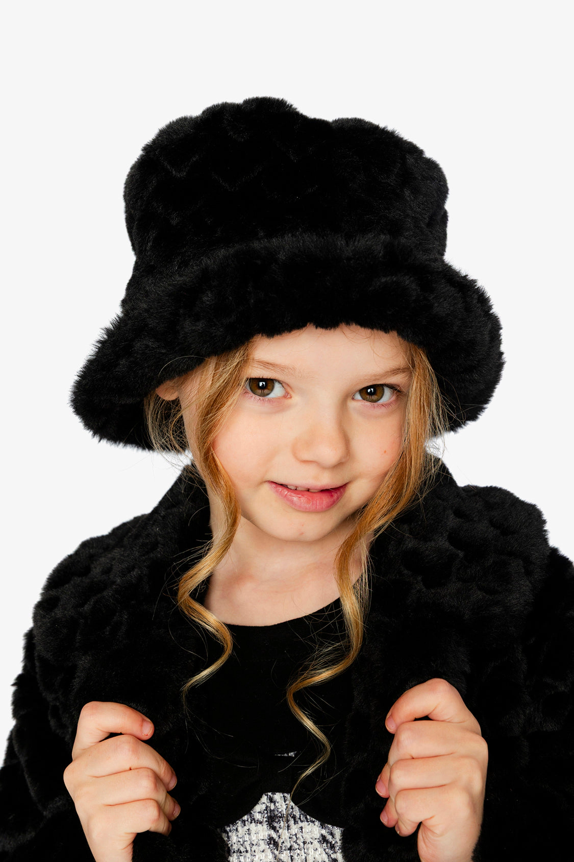 Deux par Girls Wide Brim Faux Fur Bucket Hat