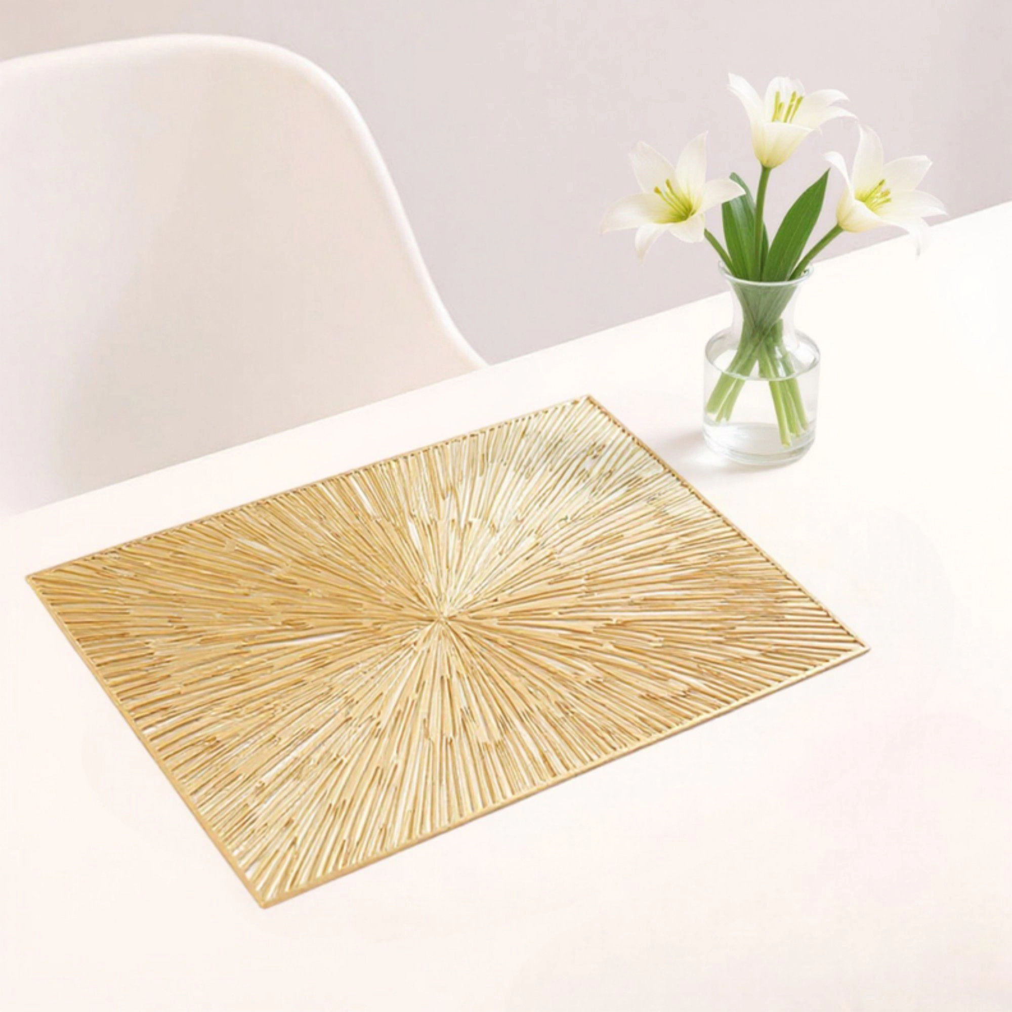 Alilang Unisex 4-Piece Rectangular Woven Rattan Placemat with Radiating Sunburst Design