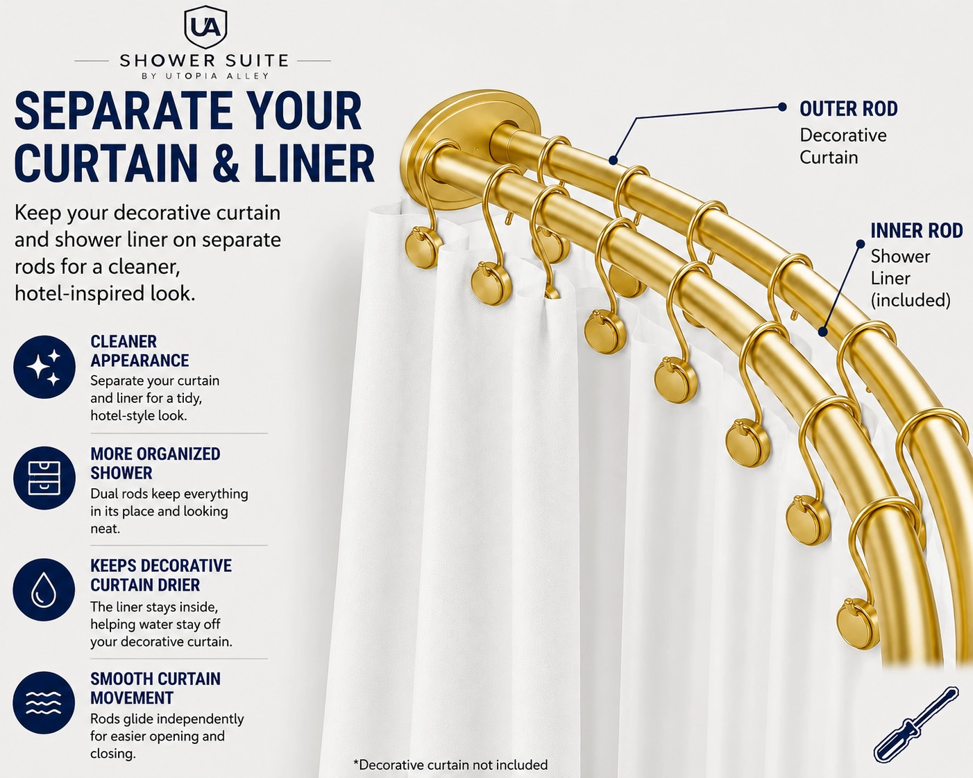 Utopia Alley Aluminum Double Curved Shower Curtain Rod, Adjustable 45-72 Inch, Dual Rod Design, Adds 8 Inches More Space