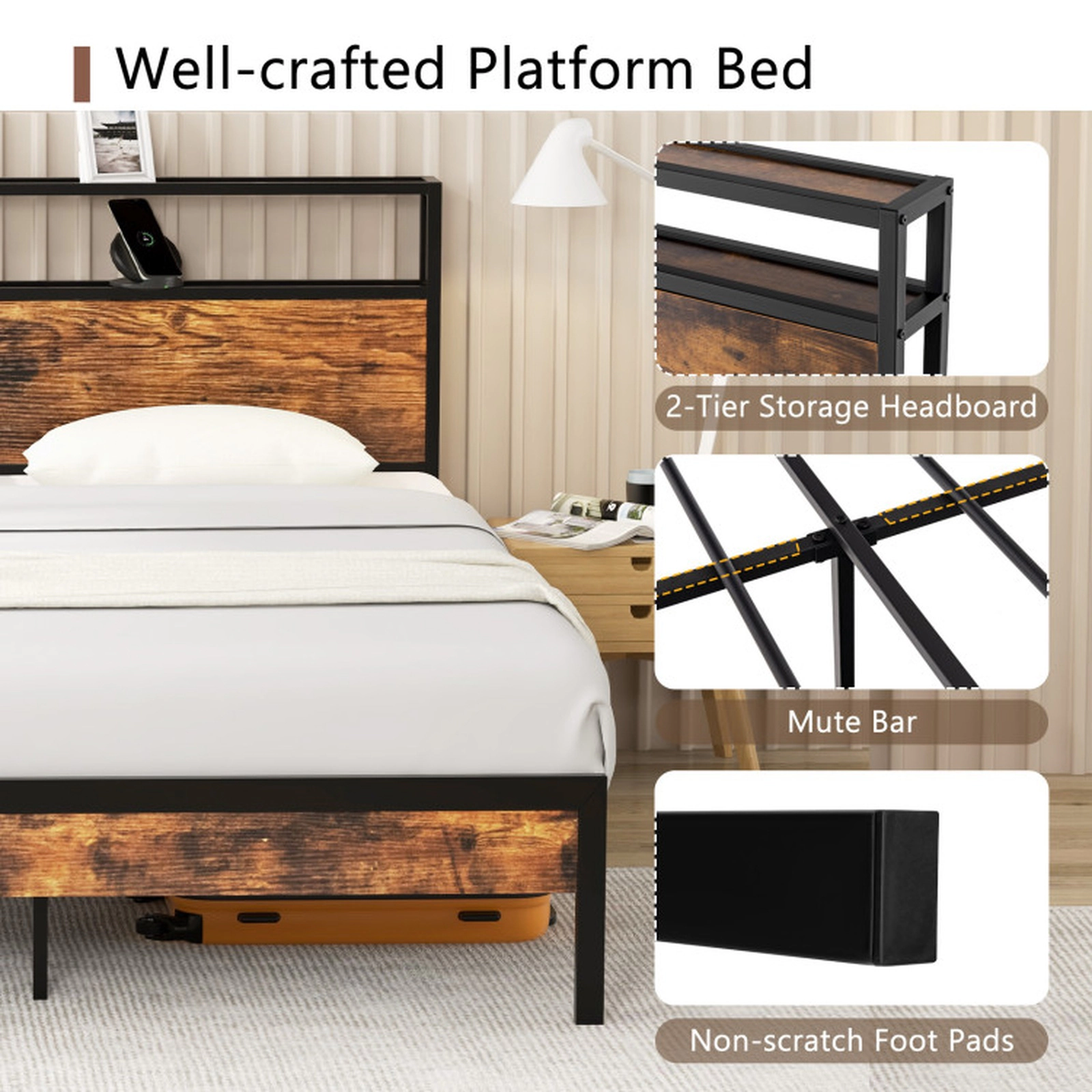 SUGIFT Storage Headboard Bed Frame with Charging Station 1000-Lb Capacity Queen Rustic Brown + Black