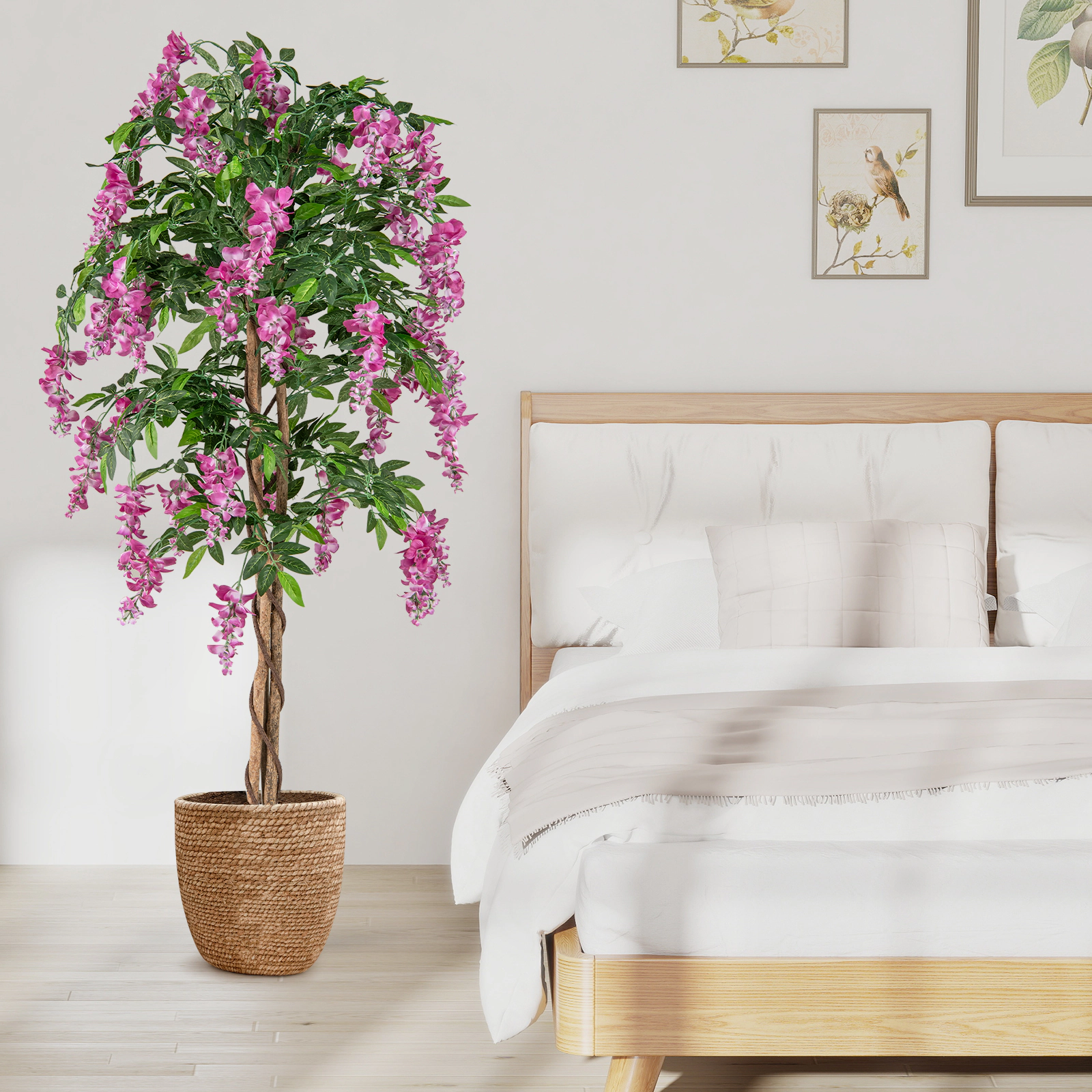 SUGIFT 65-in Artificial Wisteria Tree with Cascading Rose Red Blooms Real Wood Trunk and Cement Pot