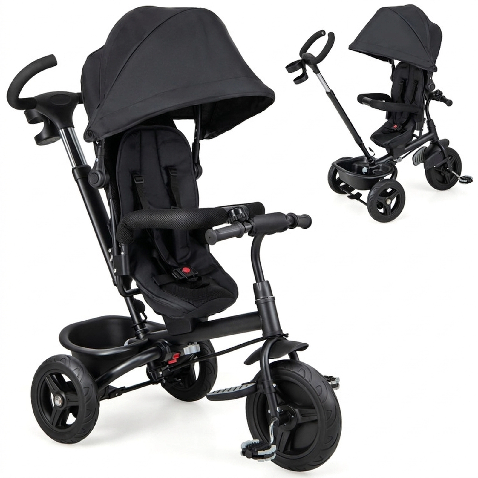 SUGIFT 4-in-1 Reversible Seat Baby Tricycle Stroller with 5-Point Harness 55-lb Seat Capacity Ages 9-60 Months Black