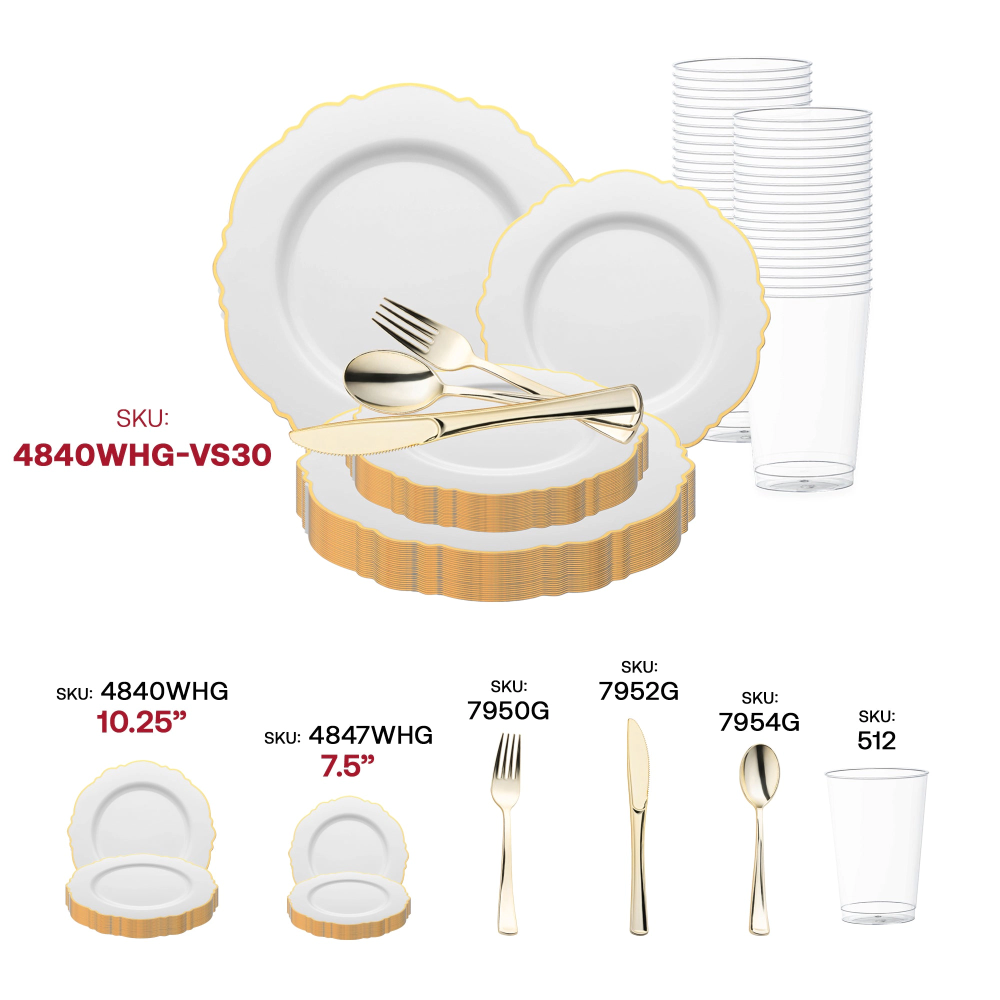 Smarty Had A Party White with Gold Rim Round Blossom Disposable Plastic Wedding Value Set