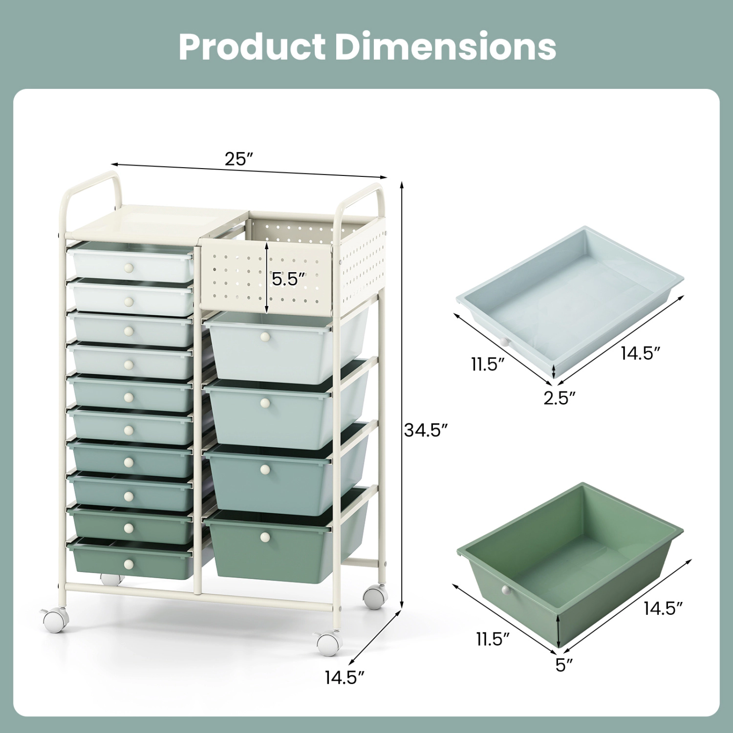 SUGIFT Metal Tabletop and Pegboard Panels 14-Drawer Rolling Storage Cart