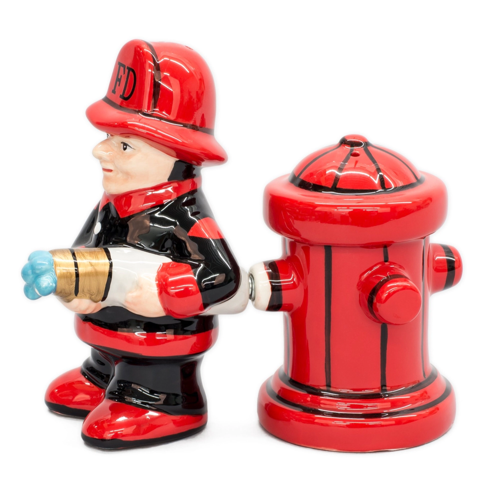 Pacific Giftware Fireman with Hose and Hydrant 4 Inch Ceramic Magnetic Salt and Pepper Shaker Set Novelty Gift