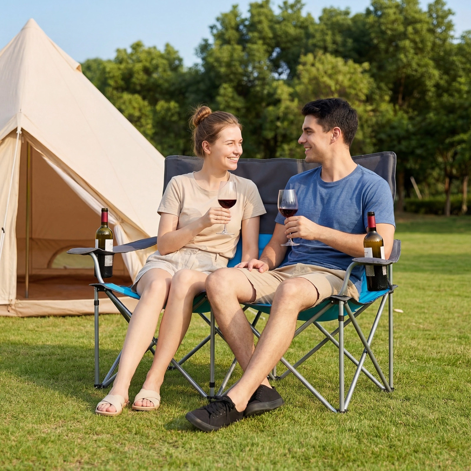 SUGIFT Blue 2-Person Camping Chair with Cup Holders and Carry Bag 40-in W 20.5-in D 36.5-in H 660-lb Seat Capacity