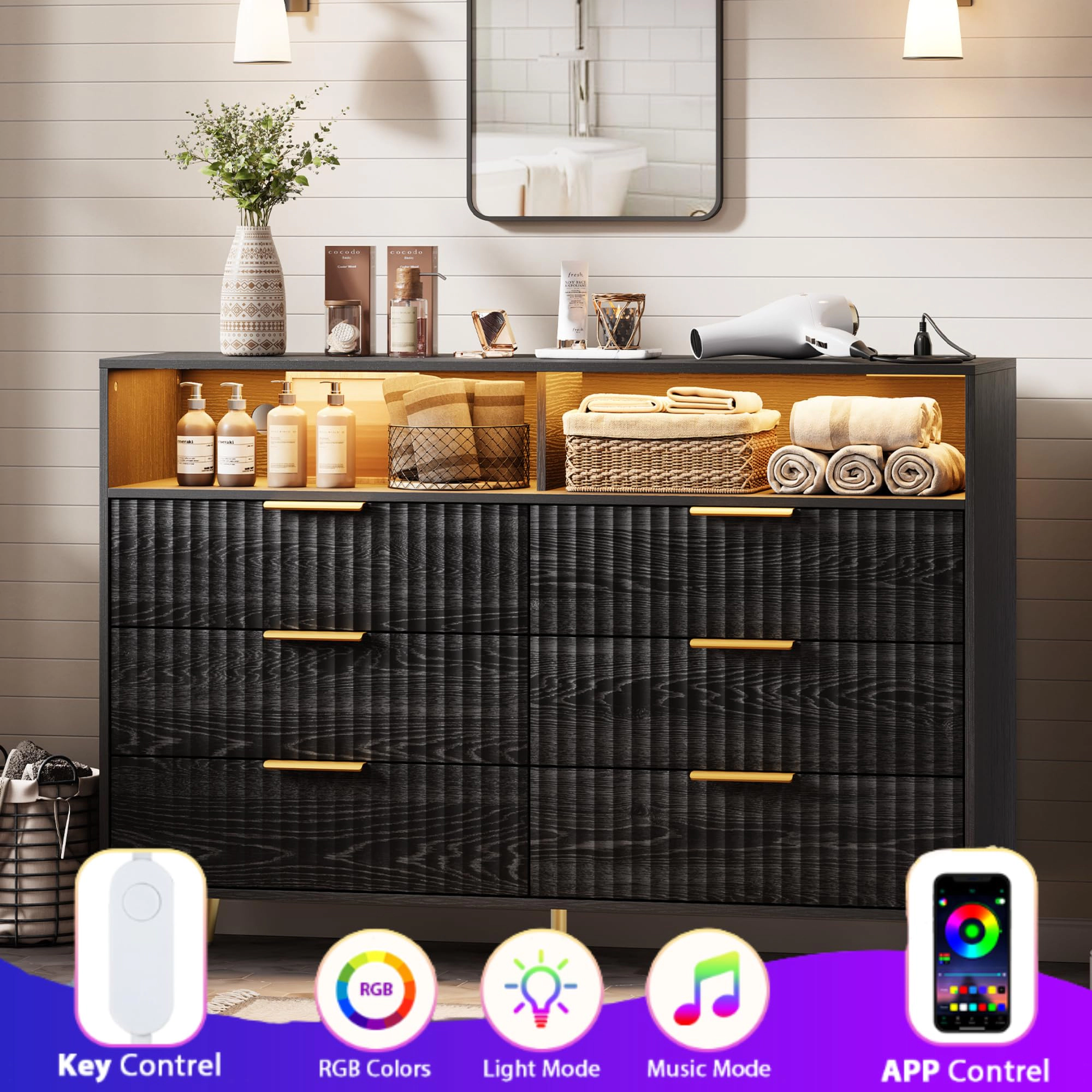 6 Drawer Fluted Dresser with Charging Station and RGB LED Lights, Storage Chest Open Shelf Gold-Tone Handles
