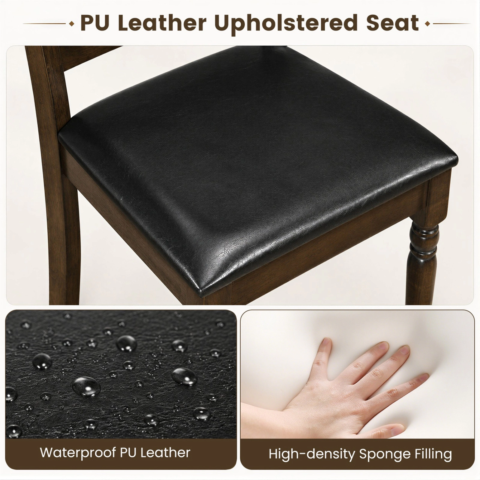 SUGIFT Farmhouse PU Leather Upholstered Dining Chairs Set of 2 with PU Leather Seat 330-lb Capacity Brown + Black